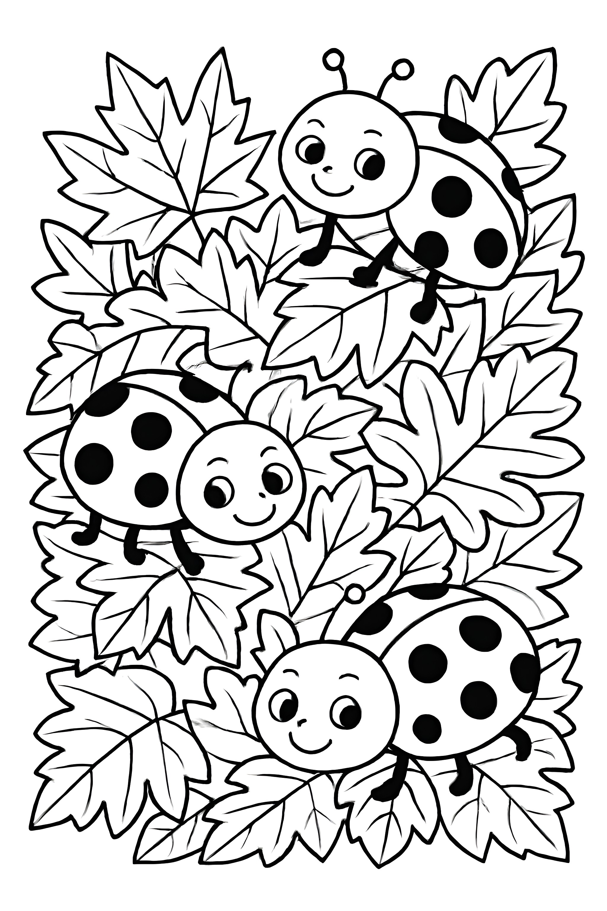 Coloring page featuring three ladybugs among a pile of autumn leaves, each with distinct patterns and cheerful expressions