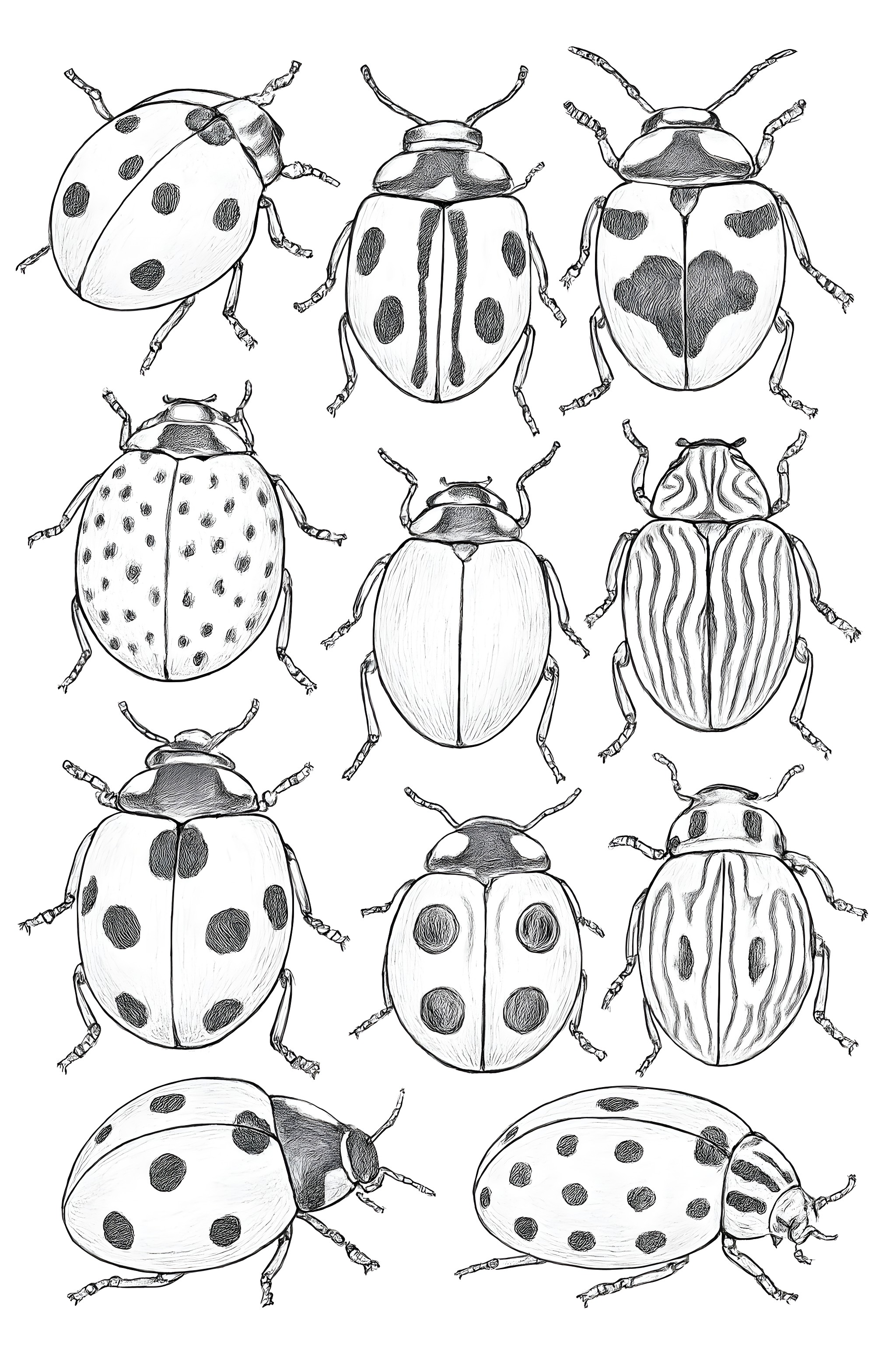 Coloring page featuring a collection of twelve different ladybug species, showcasing unique patterns and colors on their backs.