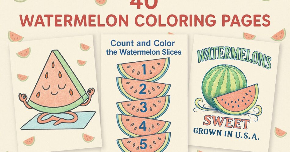Three illustrated watermelon coloring pages are displayed side by side. The left shows a smiling watermelon slice doing yoga, the center features five numbered slices for counting, and the right depicts a vintage “Sweet Watermelons Grown in U.S.A.” label.