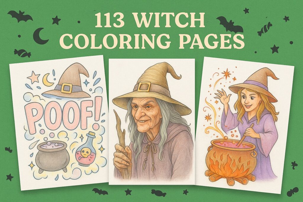 Witch coloring pages featuring a bubbling cauldron with 'Poof!' text, an old witch holding a staff, and a young witch stirring a potion, free printable collection.