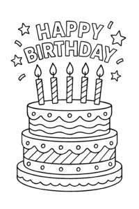 layered birthday cake coloring page with 5 candles