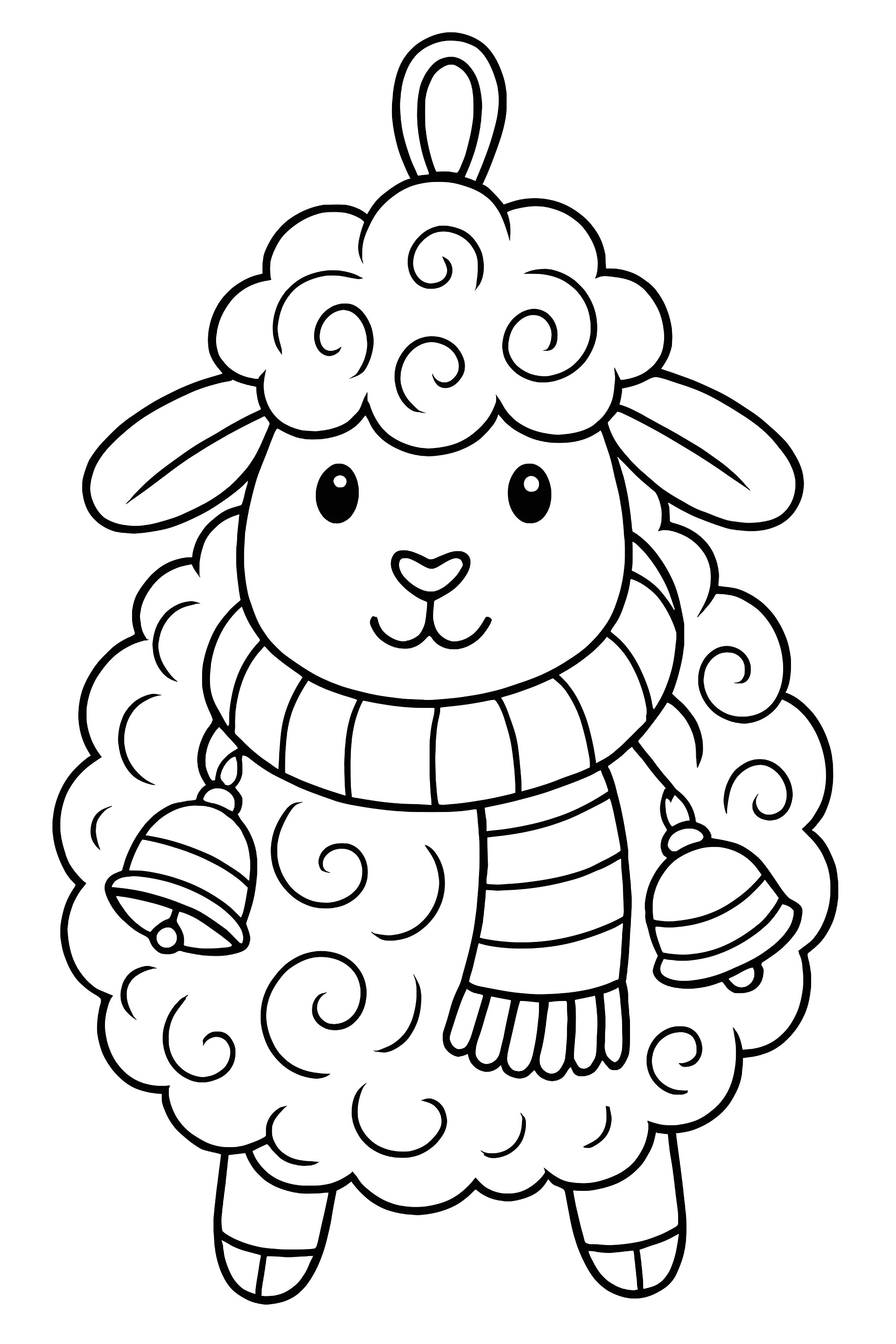 Coloring page of a fluffy 3D sheep ornament wearing a striped scarf and holding two bells