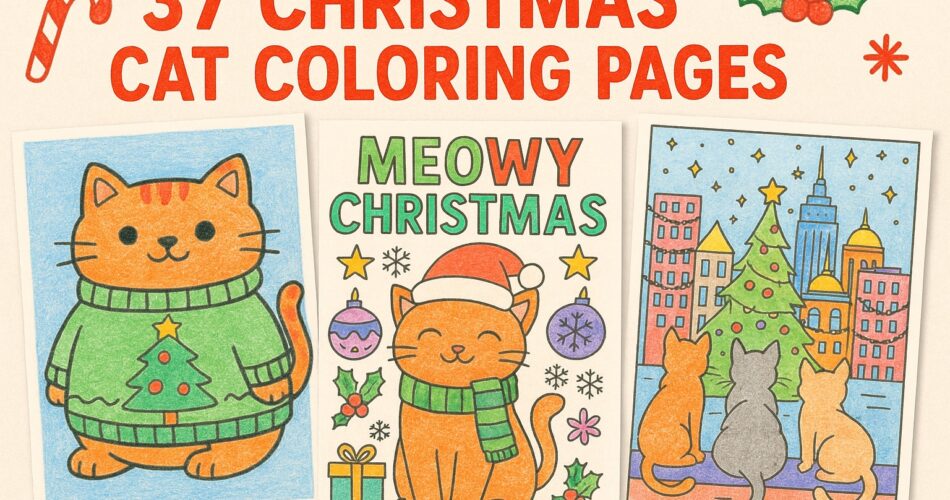 A festive image showing three colored pencil Christmas cat coloring pages, a cat in a Christmas sweater, a cat with a Santa hat and ‘Meowy Christmas’ text, and three cats looking at a Christmas tree in a city. The title reads ‘37 Christmas Cat Coloring Pages’ with candy cane and holly decorations.