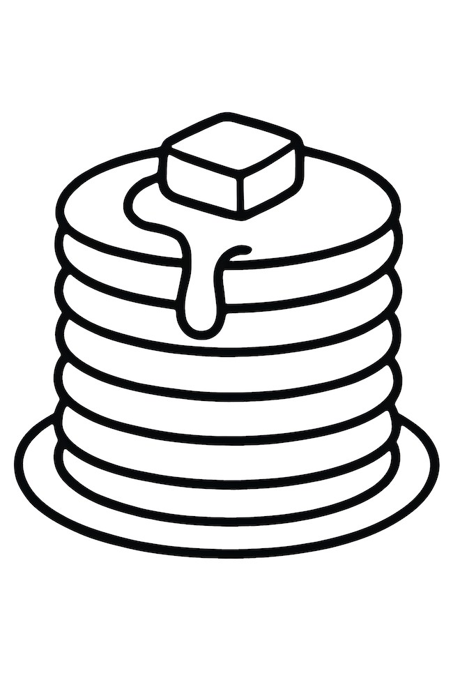 Coloring page of a tall stack of pancakes with a melting pat of butter on top, resting on a round plate