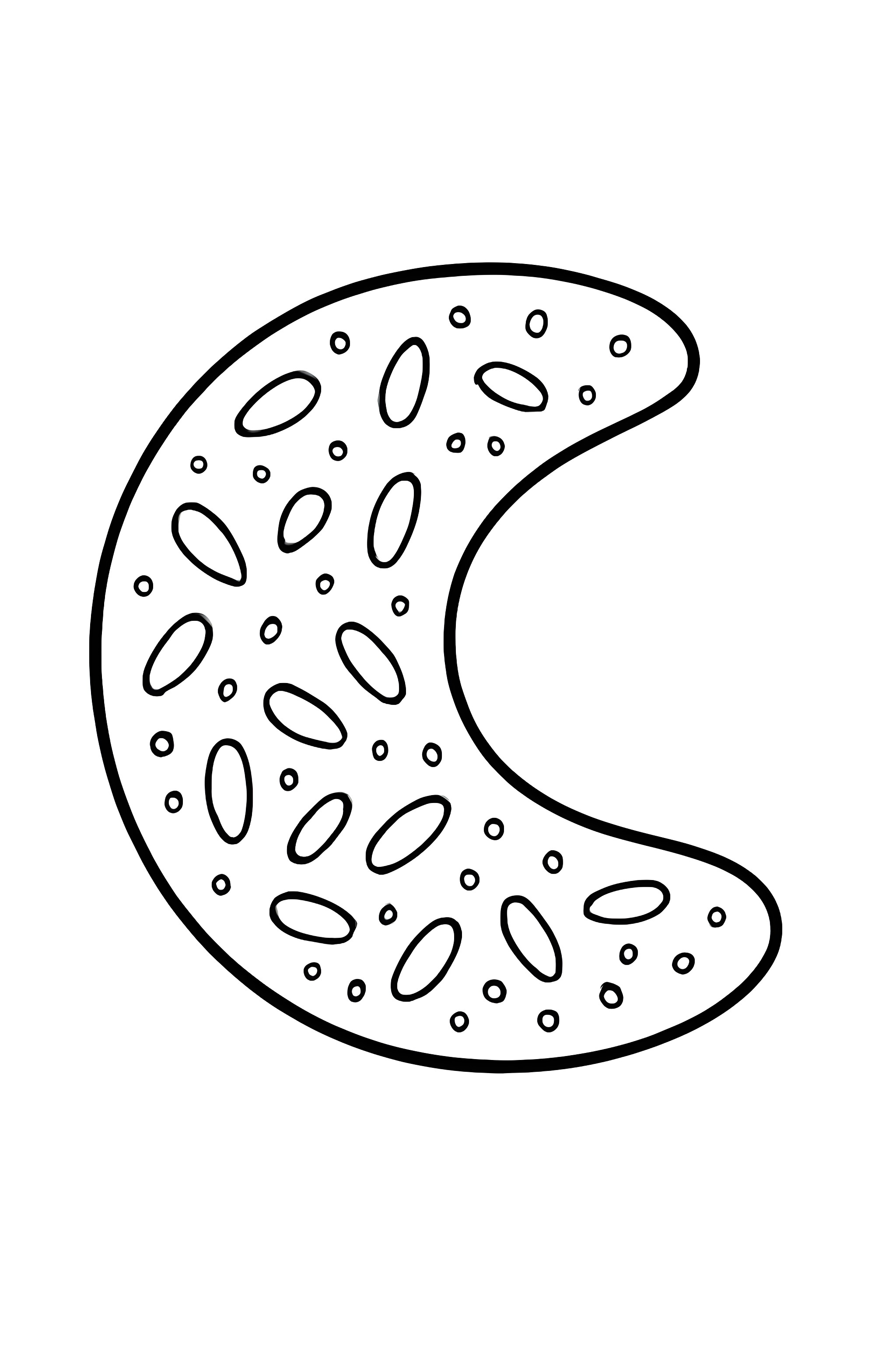 Coloring page of an almond crescent cookie dusted with powdered sugar and decorated with slivered almonds