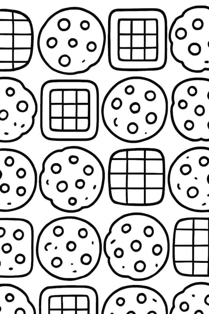 Coloring page featuring a border pattern of alternating cookie shapes including dotted and grid designs