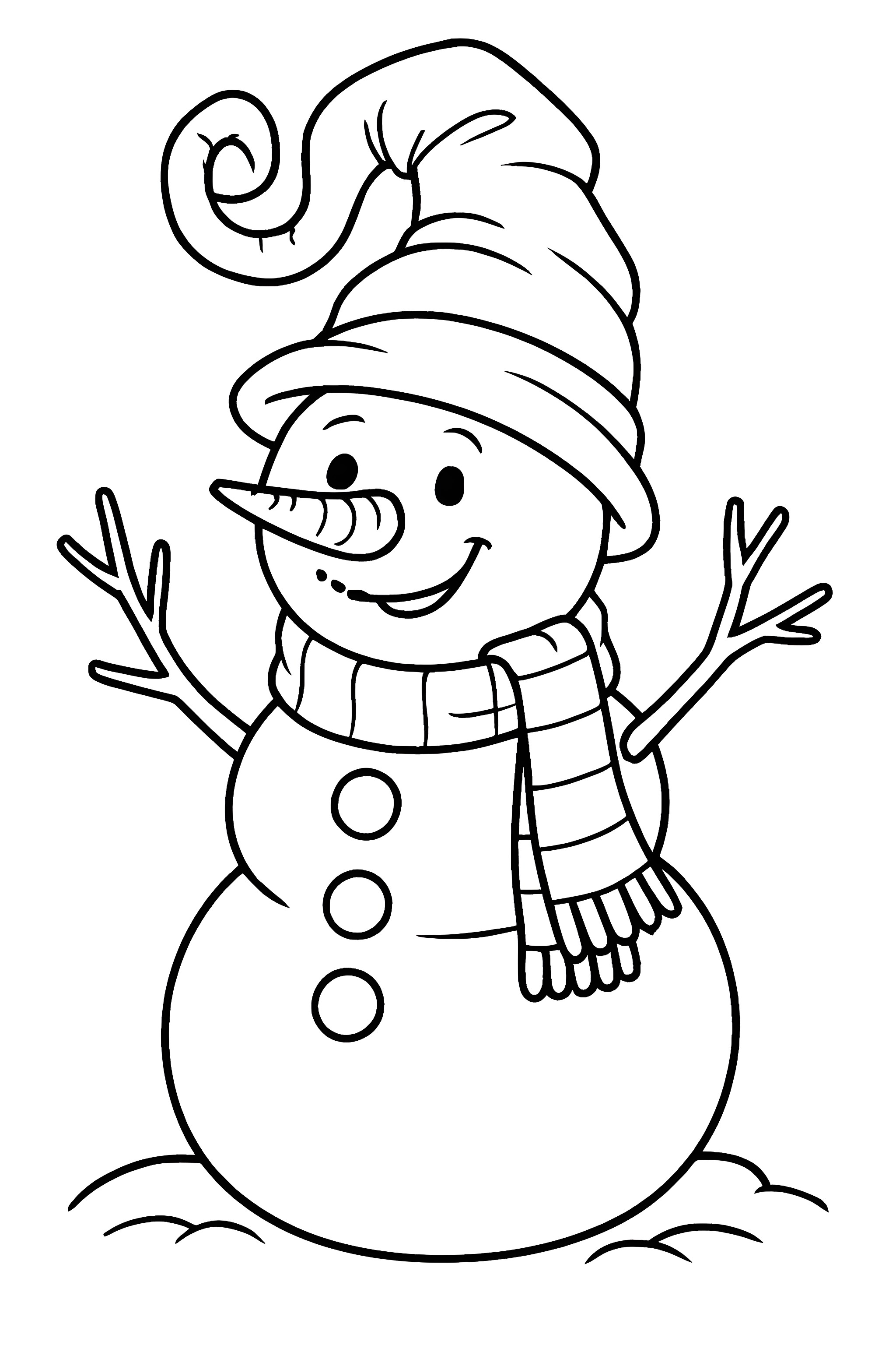 A snowman wearing a funny twisted hat, with a carrot nose and a striped scarf, standing with stick arms