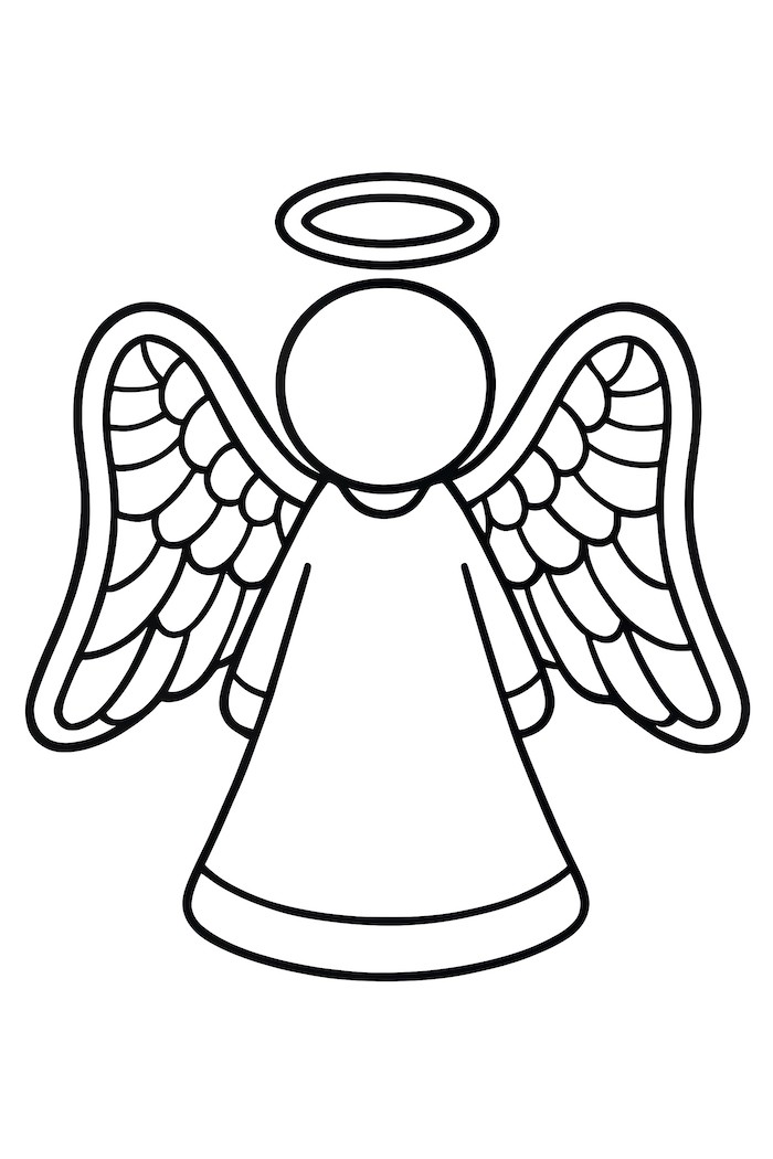 Coloring page of an angel-shaped cookie featuring intricate wings and a halo