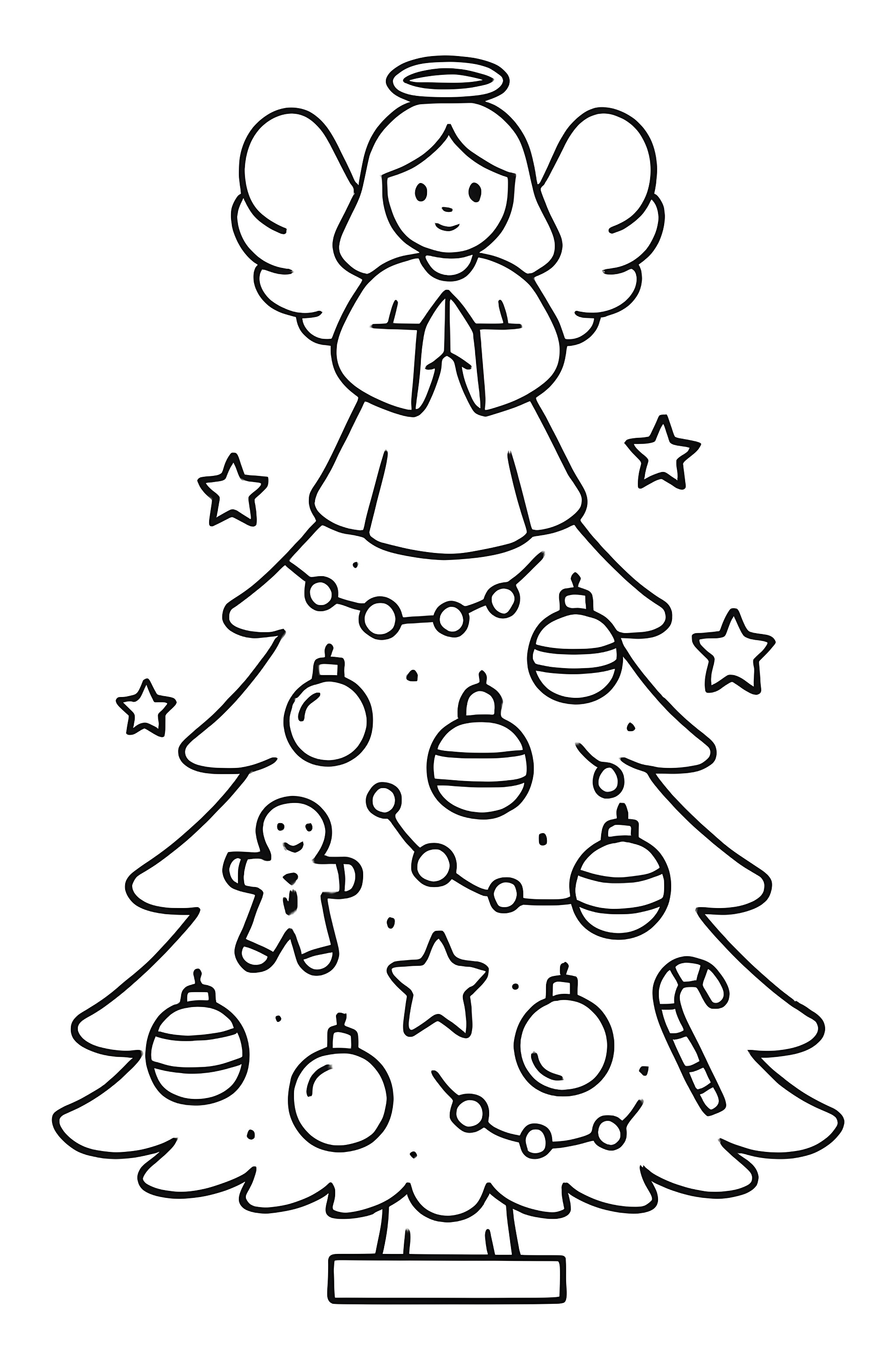 Coloring page of a Christmas tree topped with an angel, adorned with ornaments, stars, and a gingerbread man.
