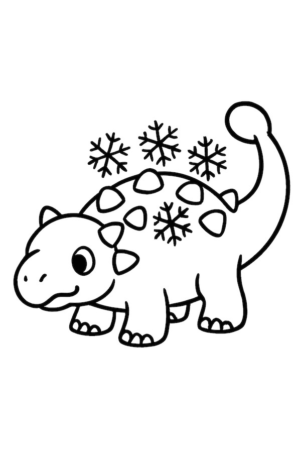 Coloring page of an ankylosaurus featuring snowflakes on its back and a cheerful expression
