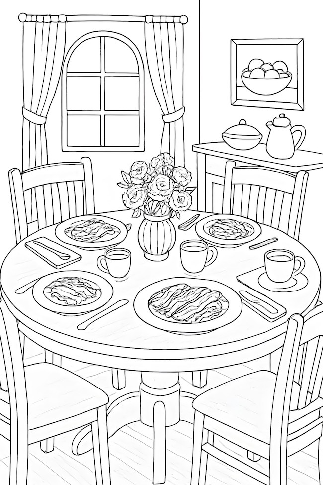 Coloring page of a dining room set with a round table adorned with artisanal bacon dishes, cups, and a vase of roses