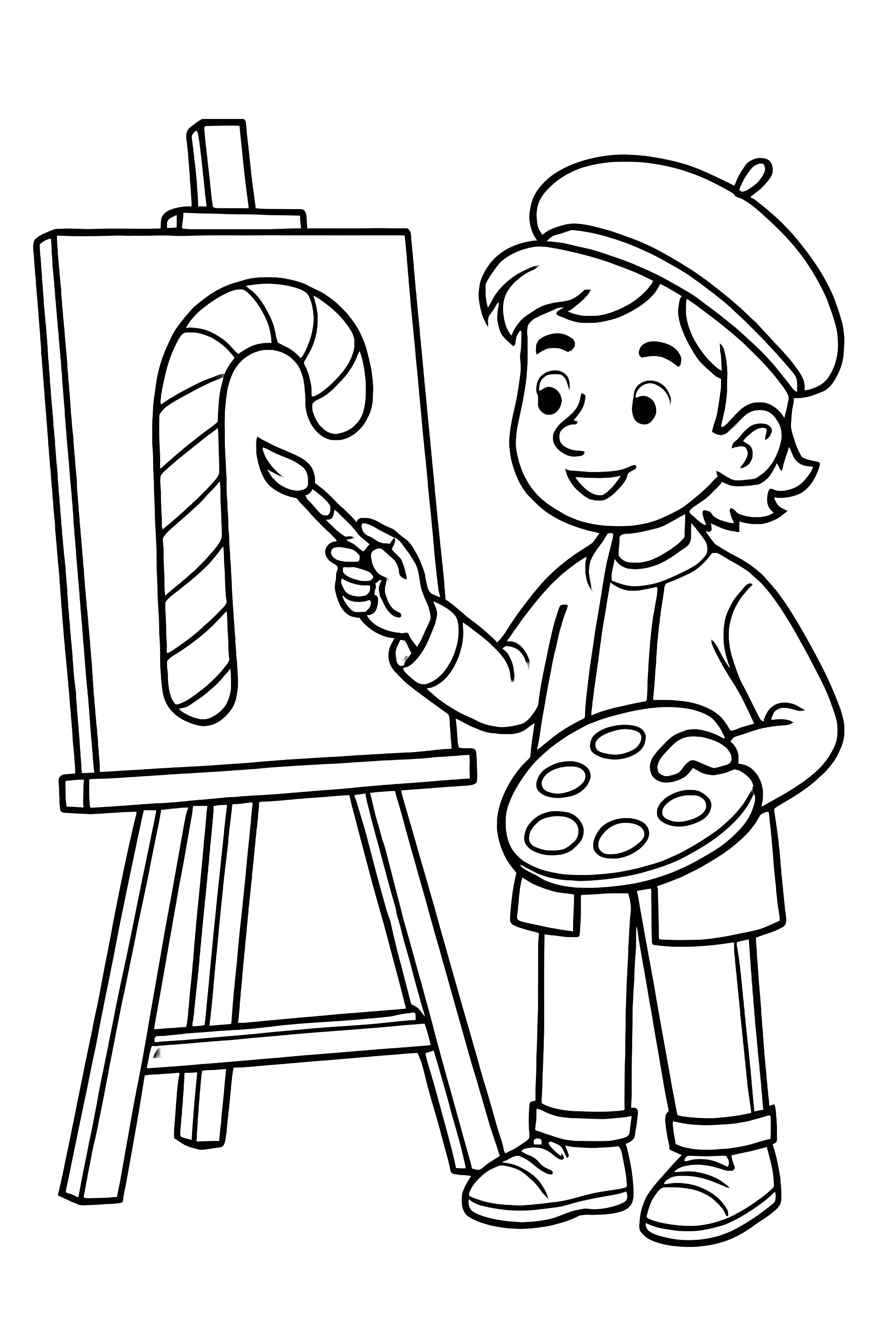 Coloring page featuring an artist in a beret holding a brush and palette, painting a candy cane on an easel