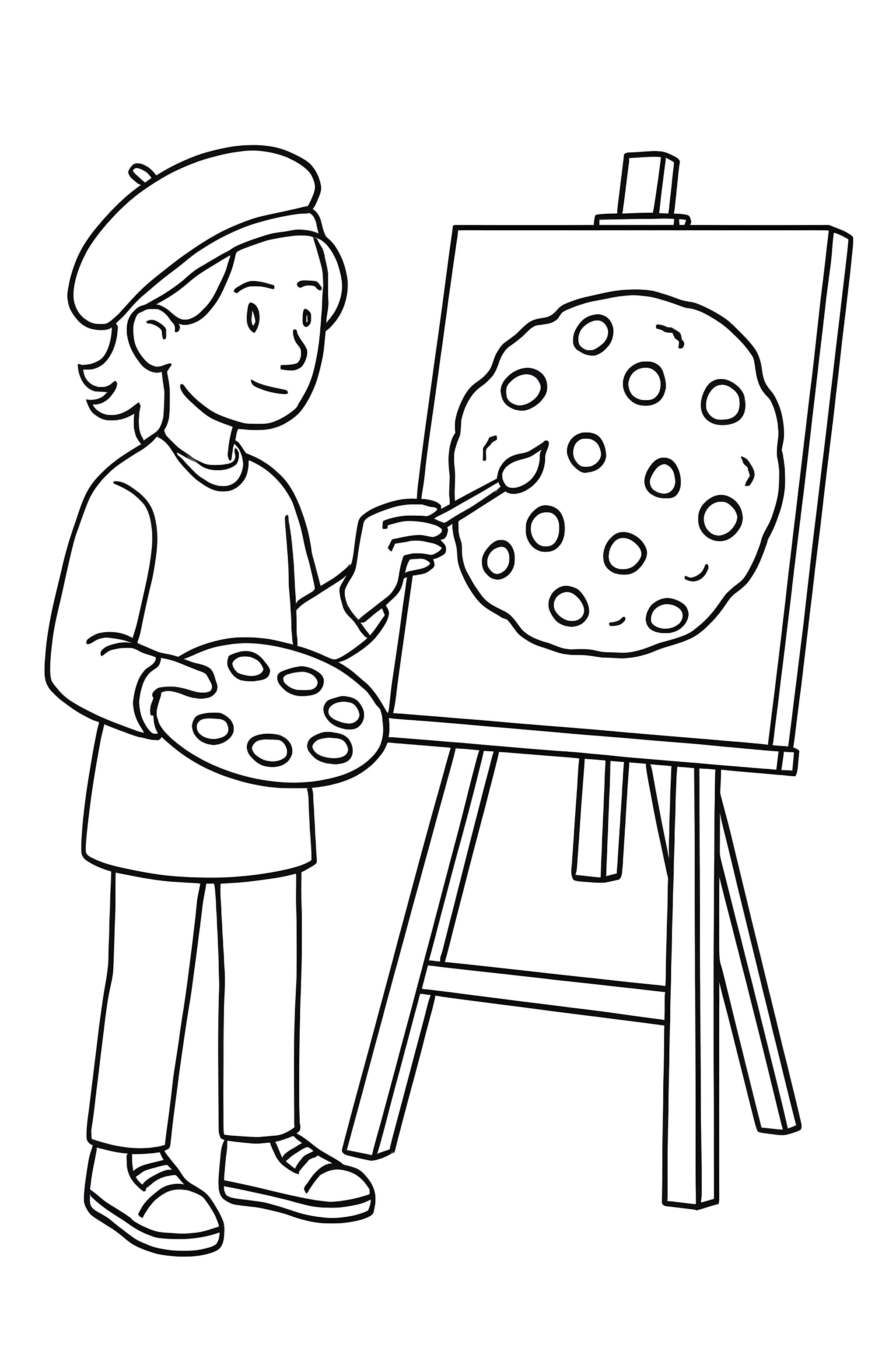 Coloring page of an artist with a beret painting a large cookie on an easel, holding a palette of cookies