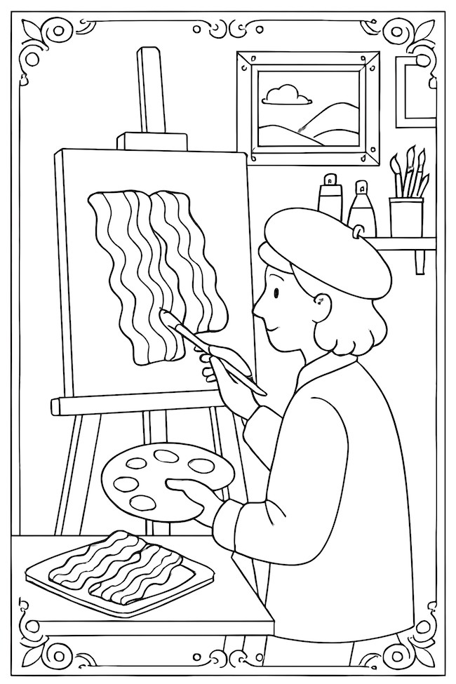 Coloring page of an artist in a studio creating a painting of bacon on an easel with a palette and brushes nearby