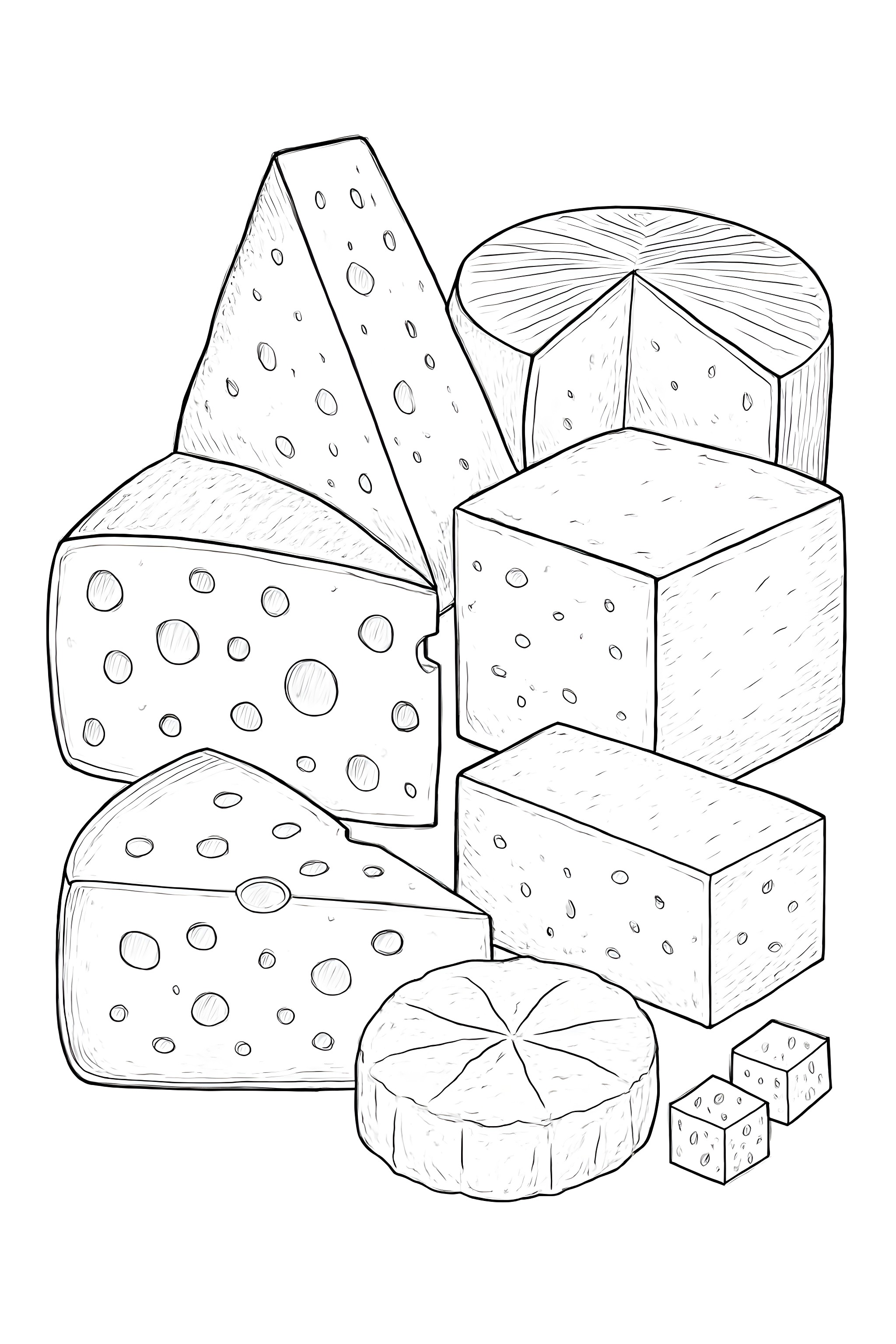Coloring page featuring different cheese varieties including wedges, cubes, and rounds with unique textures and shapes