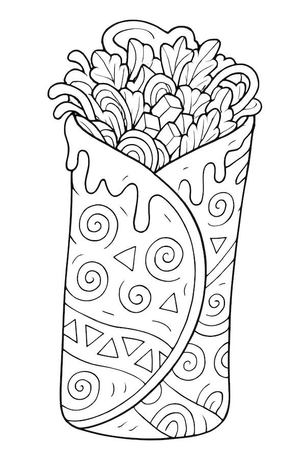 Coloring page of an artistic burrito with flowing sauce and decorative patterns on the wrapper