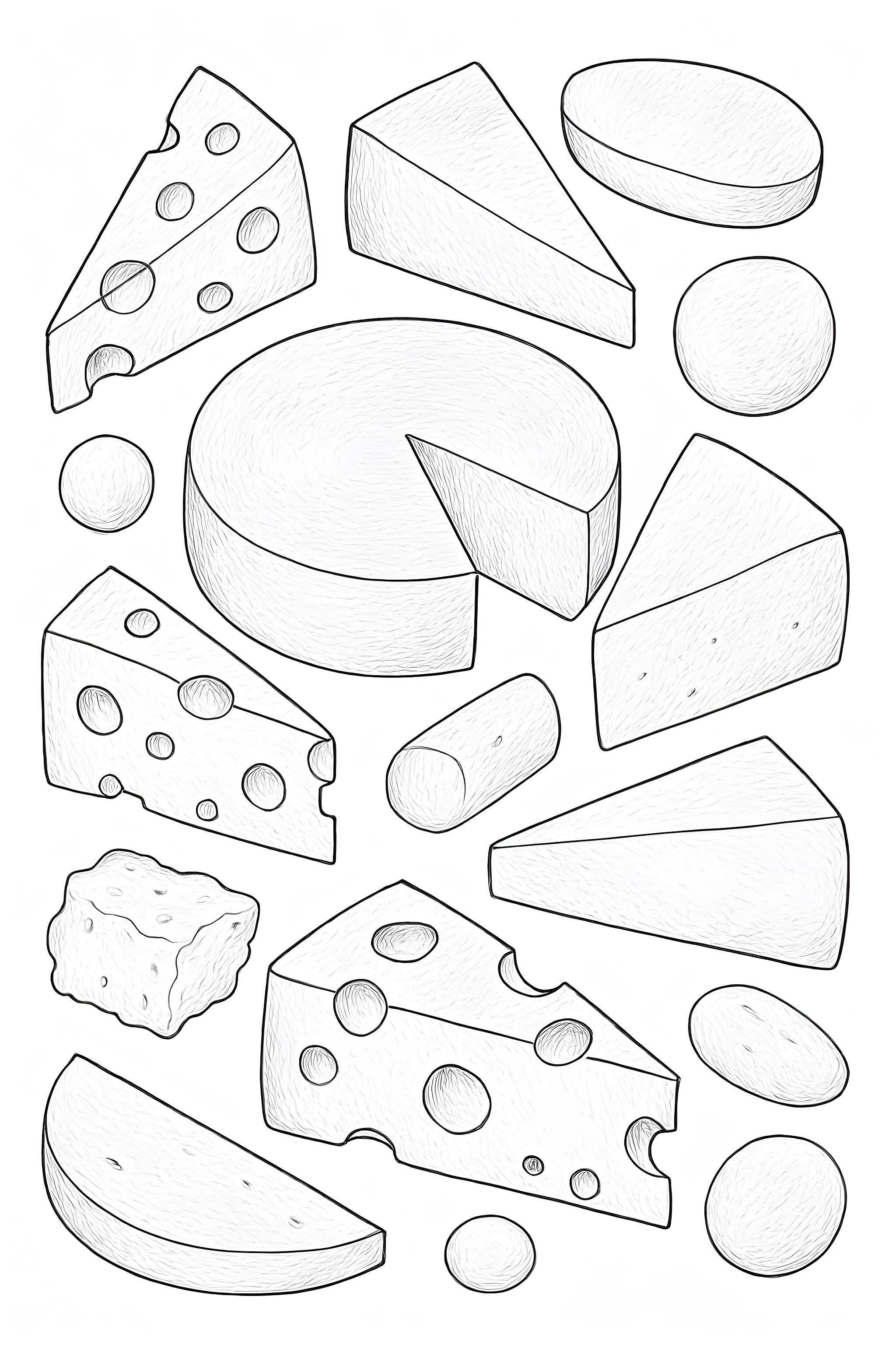 Coloring page featuring various artistic cheese shapes, including triangular, circular, and rectangular pieces with holes and textures
