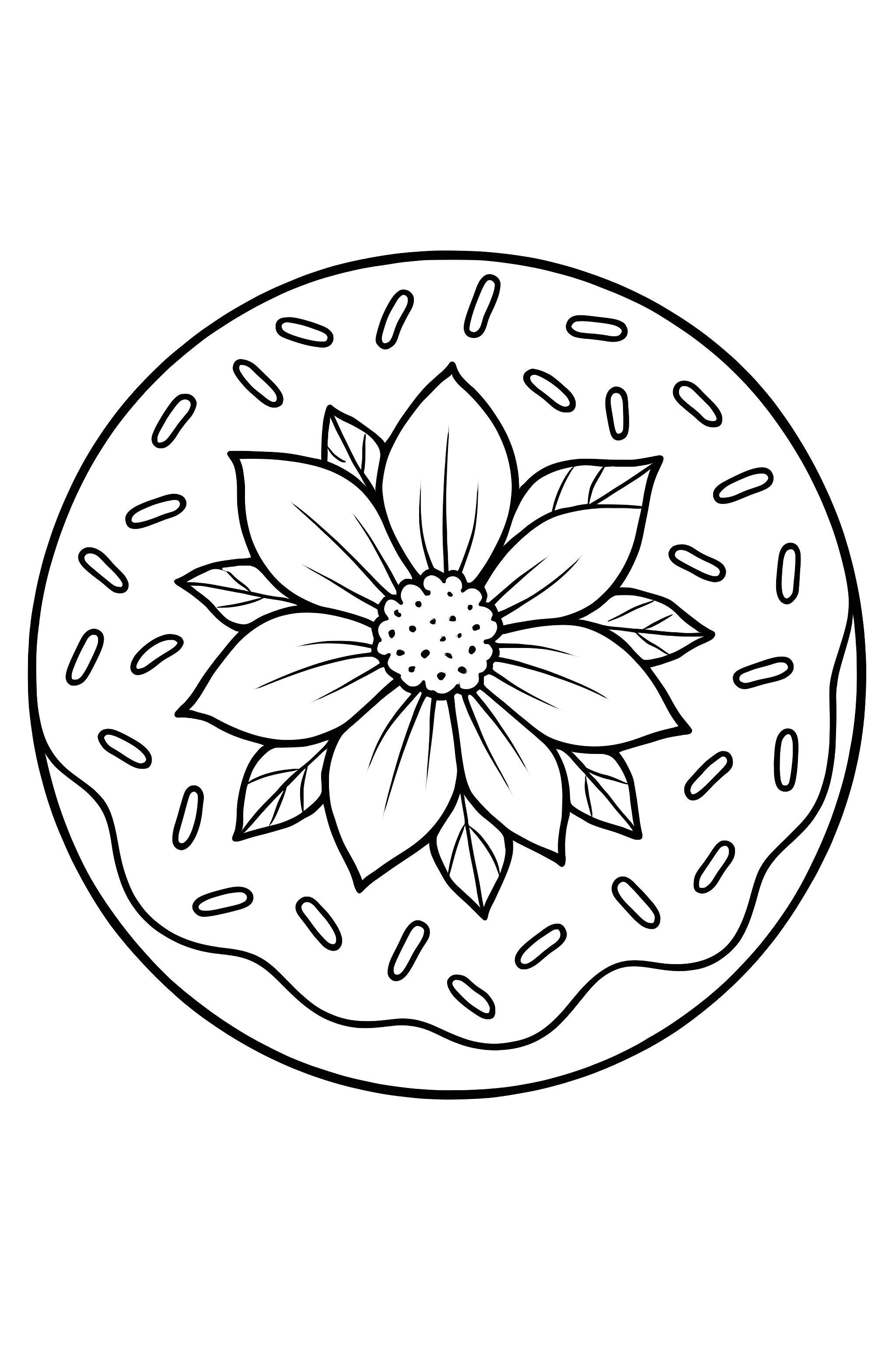 Coloring page of a donut featuring a detailed flower design in the center along with sprinkles on the surface