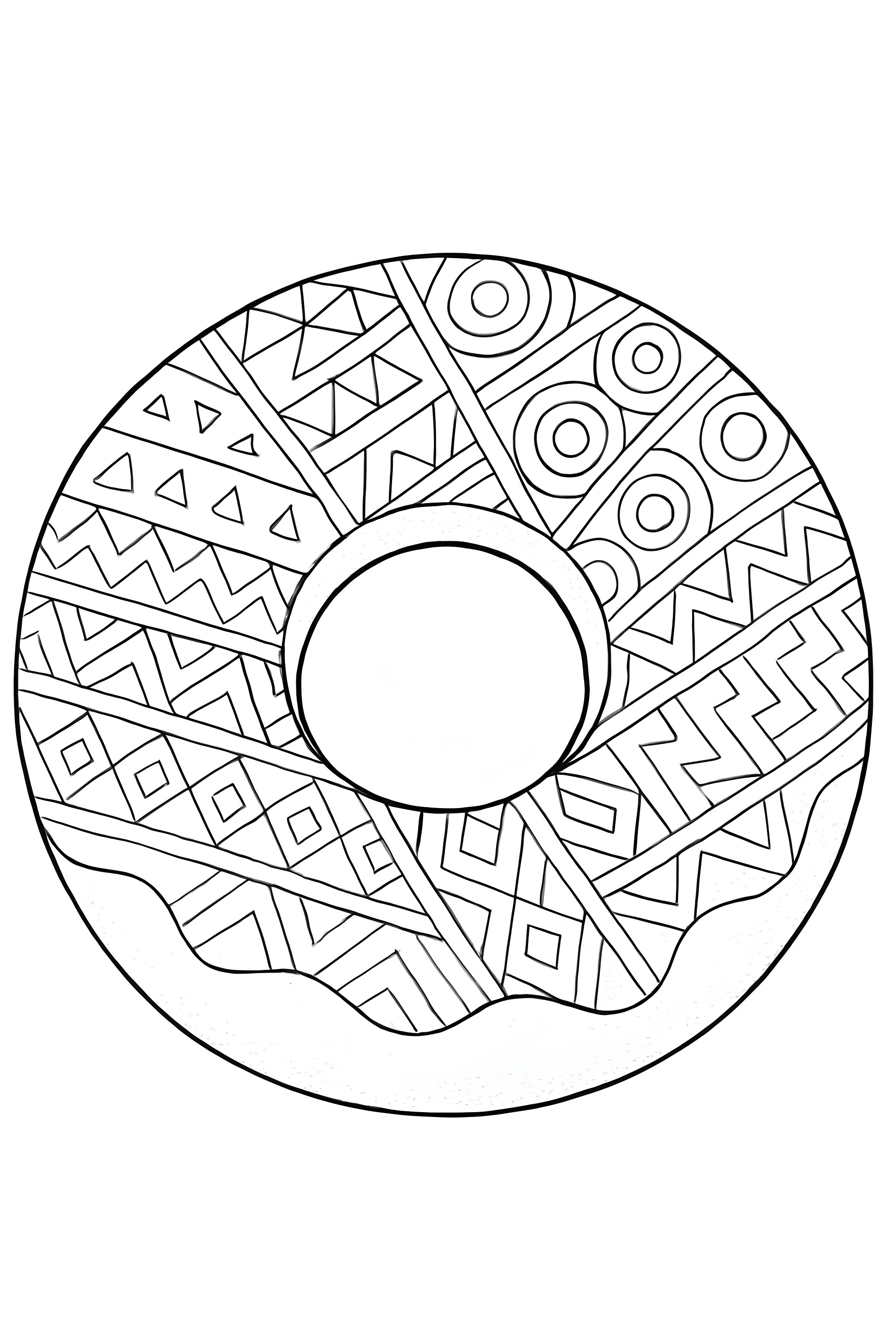 Coloring page of a donut featuring geometric icing designs with triangles, circles, and zigzags on a circular donut shape