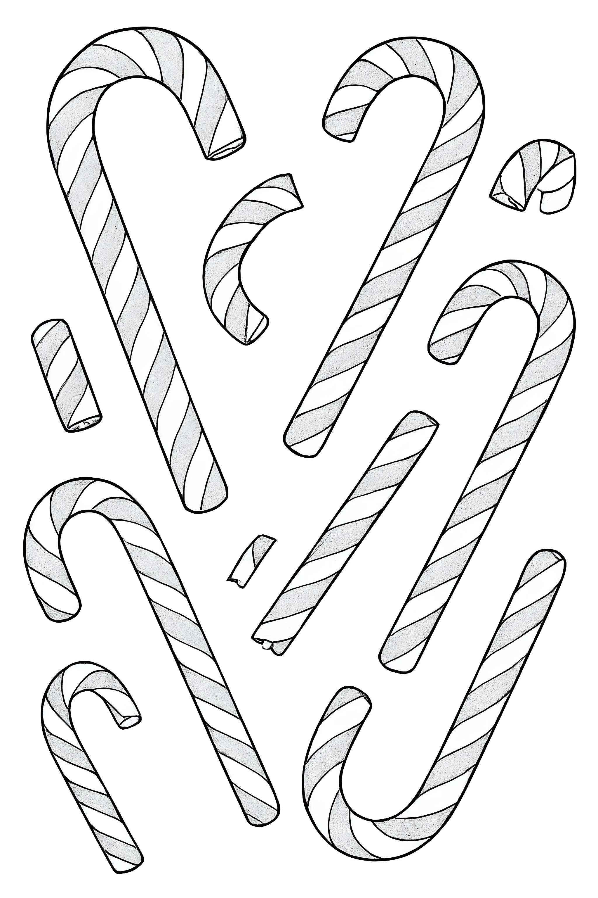 Coloring page featuring various whole and broken candy canes with swirled red and white stripes