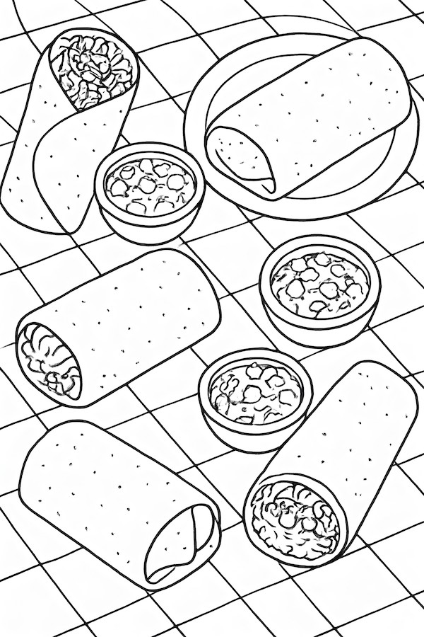 Coloring page of assorted burrito combinations with bowls of salsa on a checkered tablecloth