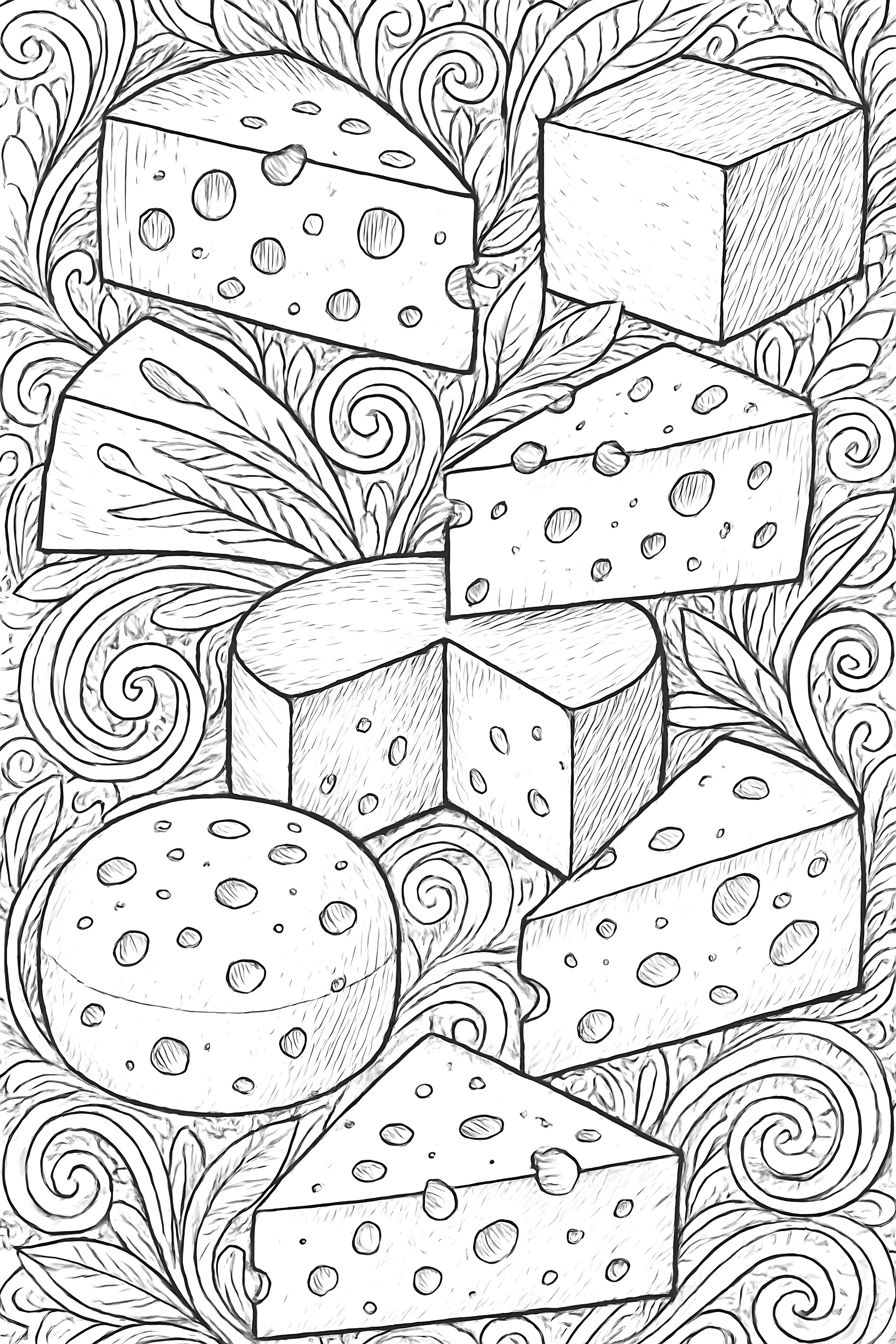 Coloring page featuring various cheese shapes including wedges, blocks, and rounds outlined with decorative swirls and patterns in the background