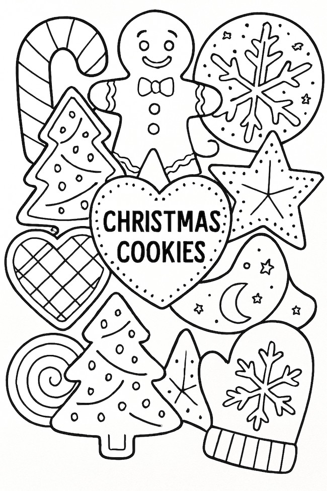 Coloring page of an assortment of Christmas cookies including gingerbread man, candy cane, snowflake, and Christmas tree shapes