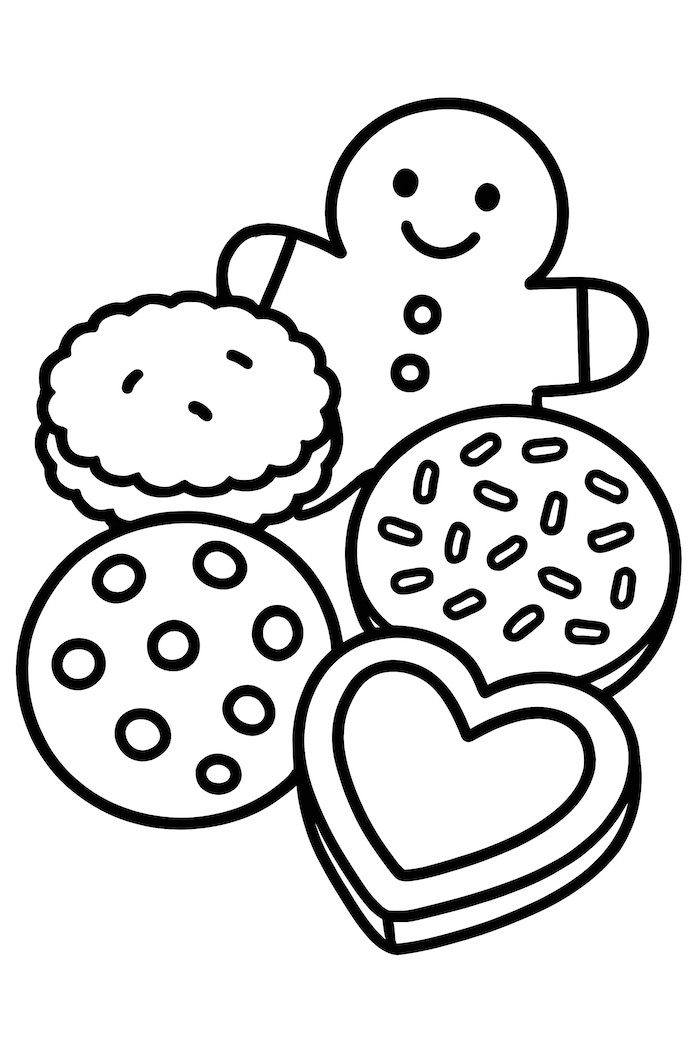 Coloring page of assorted Christmas cookies including a gingerbread man, round cookies with sprinkles, and a heart-shaped cookie