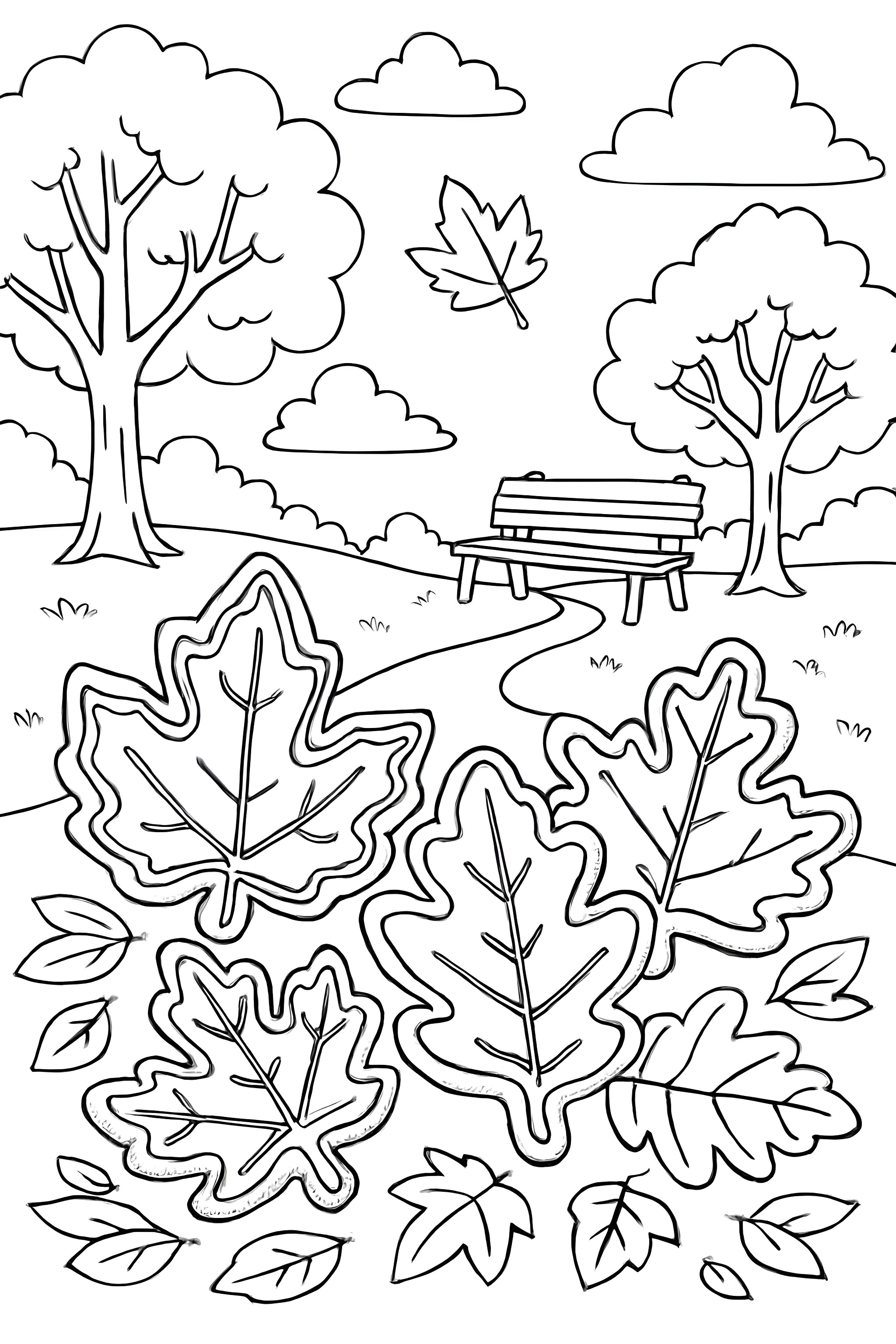 Coloring page featuring cookies shaped like leaves surrounded by leaves in a park with trees and a bench in the background