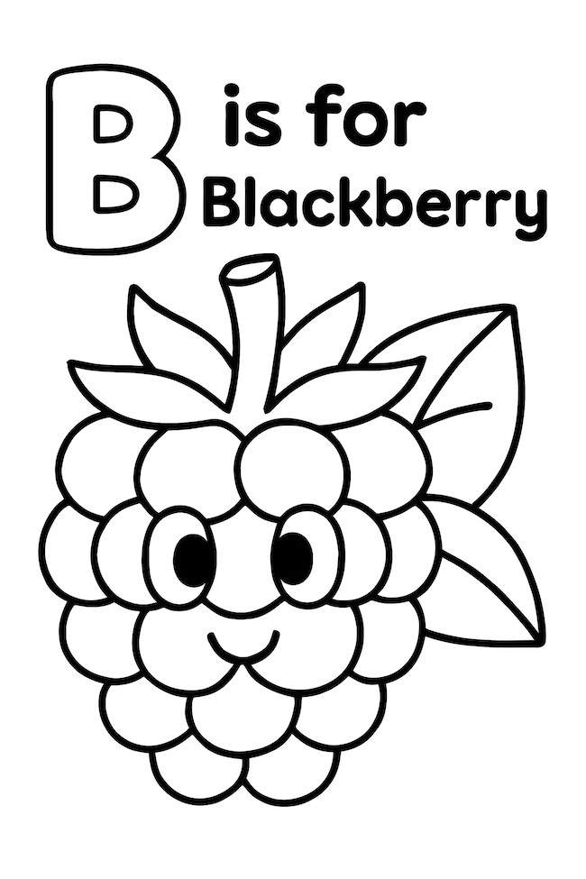 Coloring page featuring a smiling blackberry with large eyes and leaves