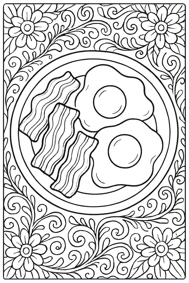 Coloring page of bacon strips and eggs on a plate with a decorative floral border