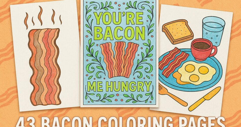 Image of three colored bacon-themed coloring pages: a single sizzling bacon strip, a 'You're Bacon Me Hungry' design with colored pencil shading, and a breakfast plate with bacon, eggs, toast, and drinks. Background includes light bacon motifs and the title '43 Bacon Coloring Pages' at the bottom.