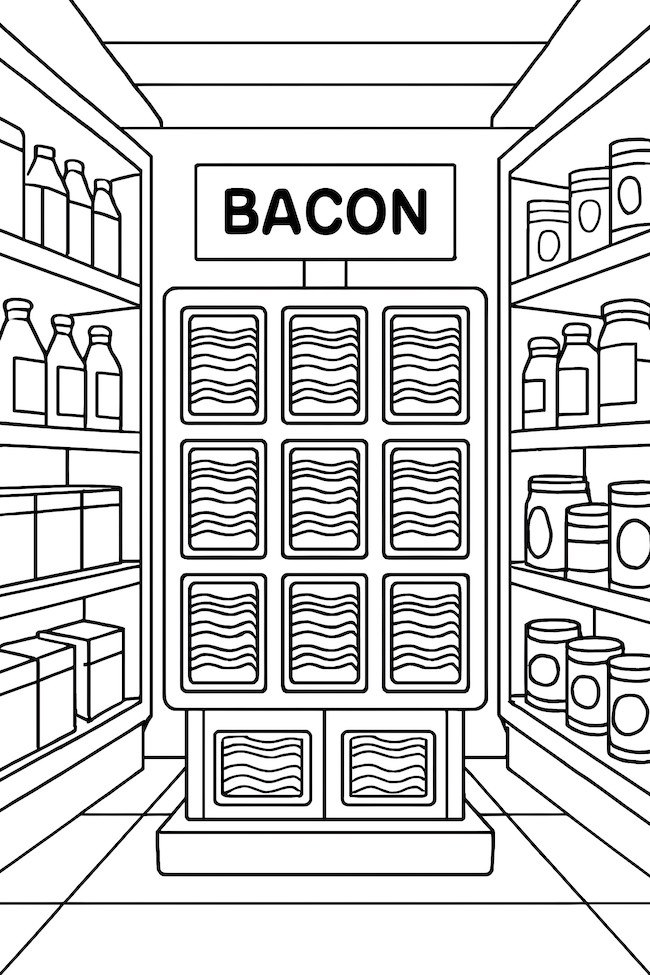 Coloring page of a supermarket aisle featuring a display of packaged bacon with shelves of bottles and jars in the background