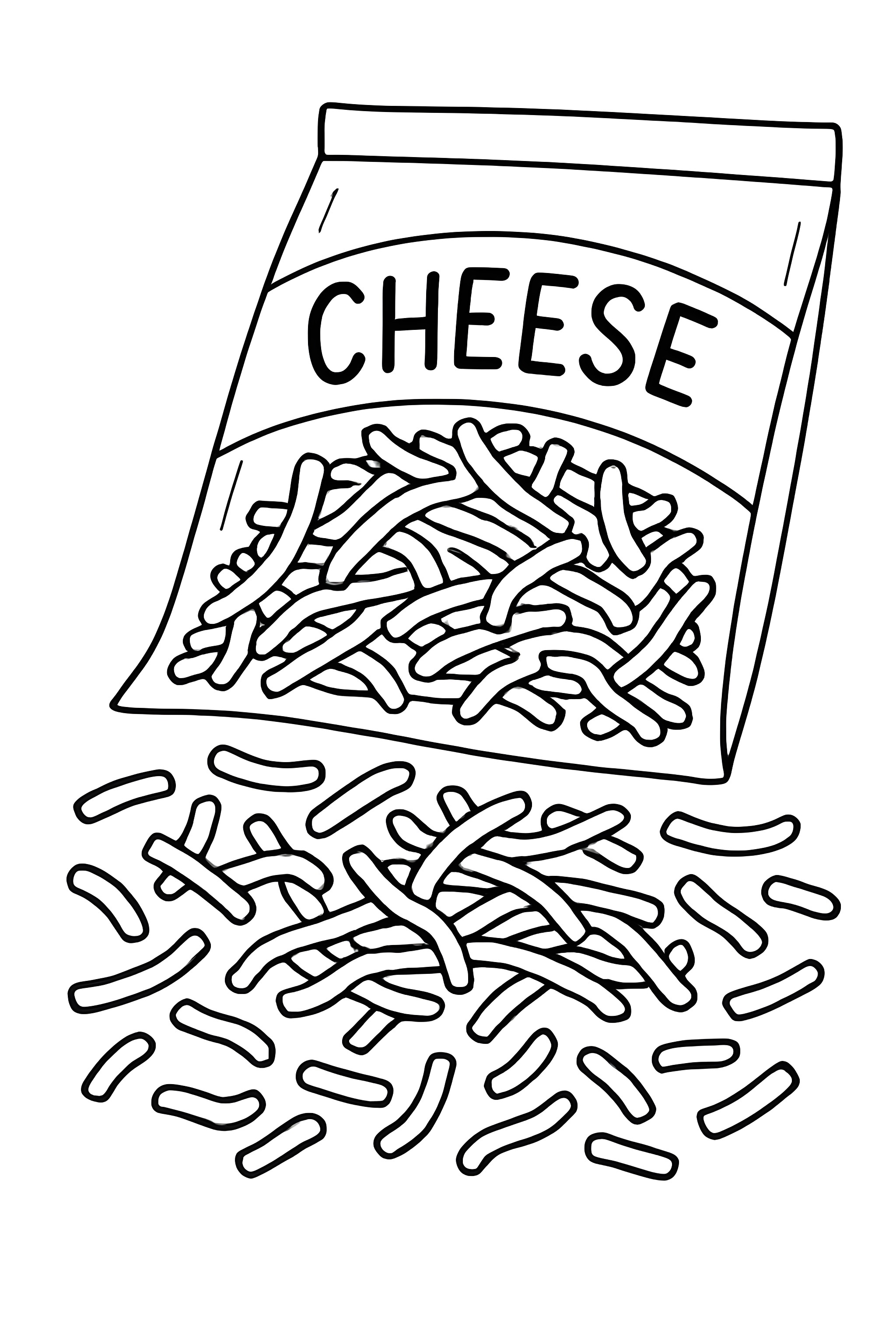 A bag labeled 'CHEESE' with shredded cheese spilling out onto the surface