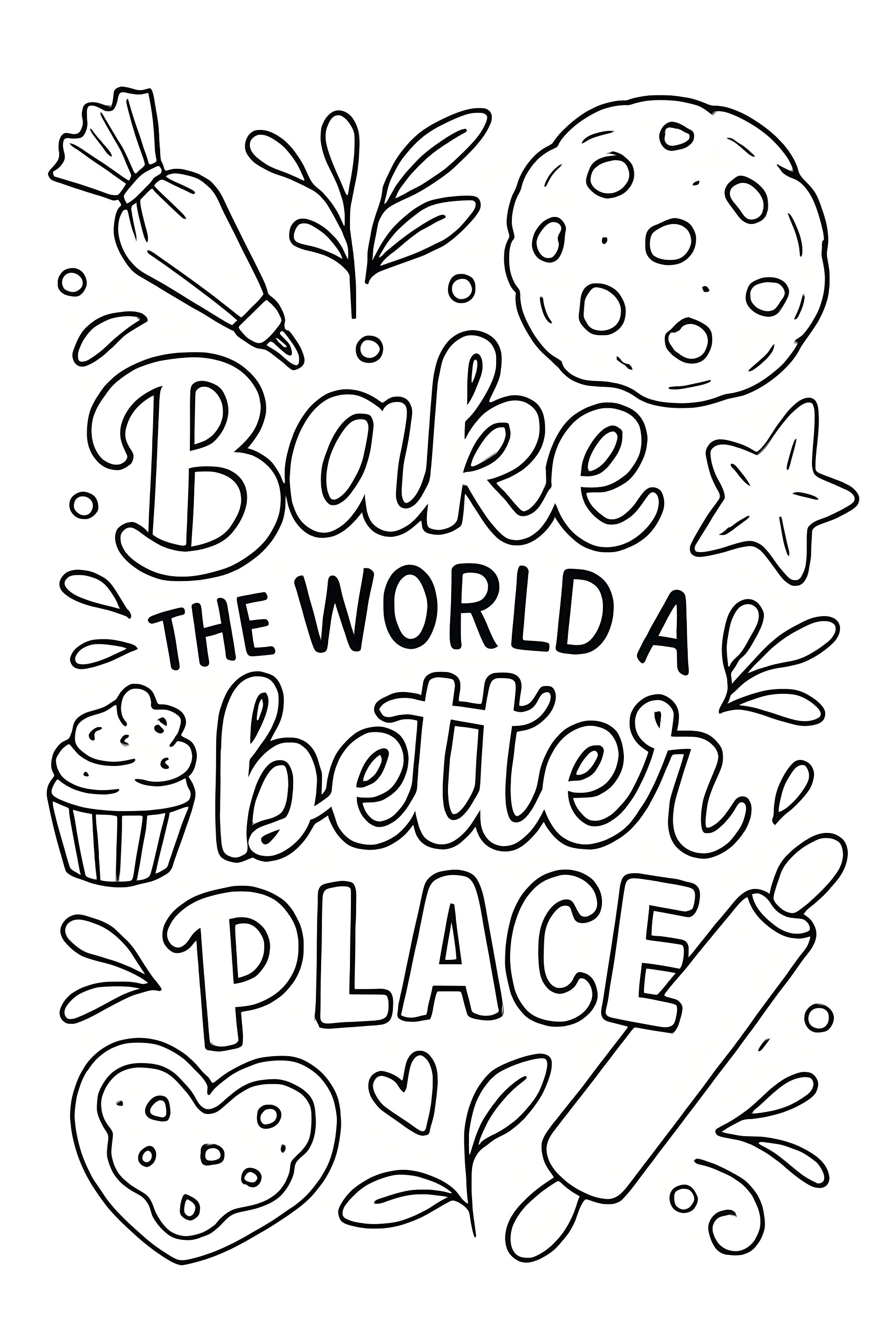 Coloring page featuring cookie-themed word art with the phrase 'Bake the world a better place' surrounded by a cupcake, cookie, star, rolling pin, and decorative leaves