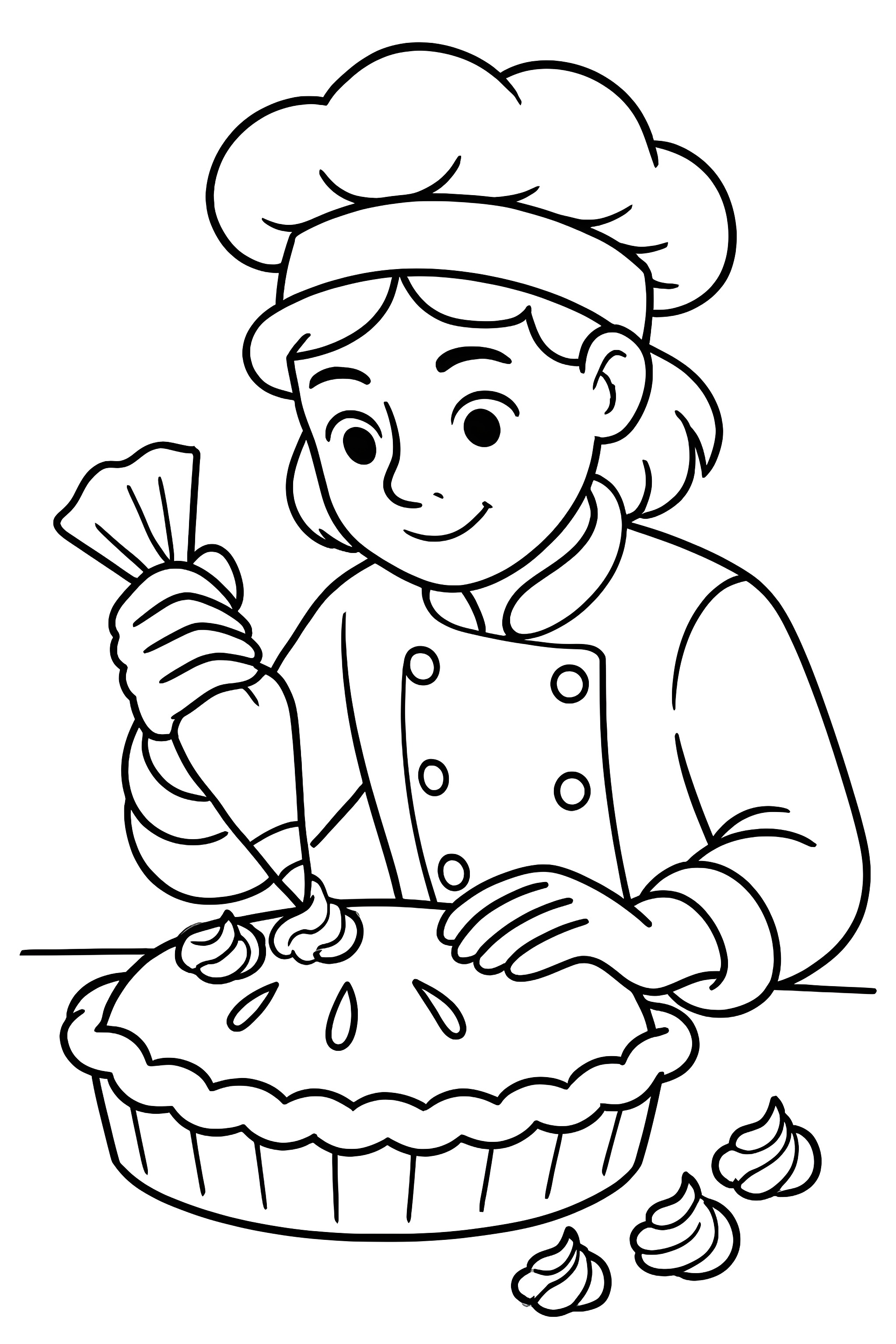 Coloring page of a baker decorating a pie using a piping bag
