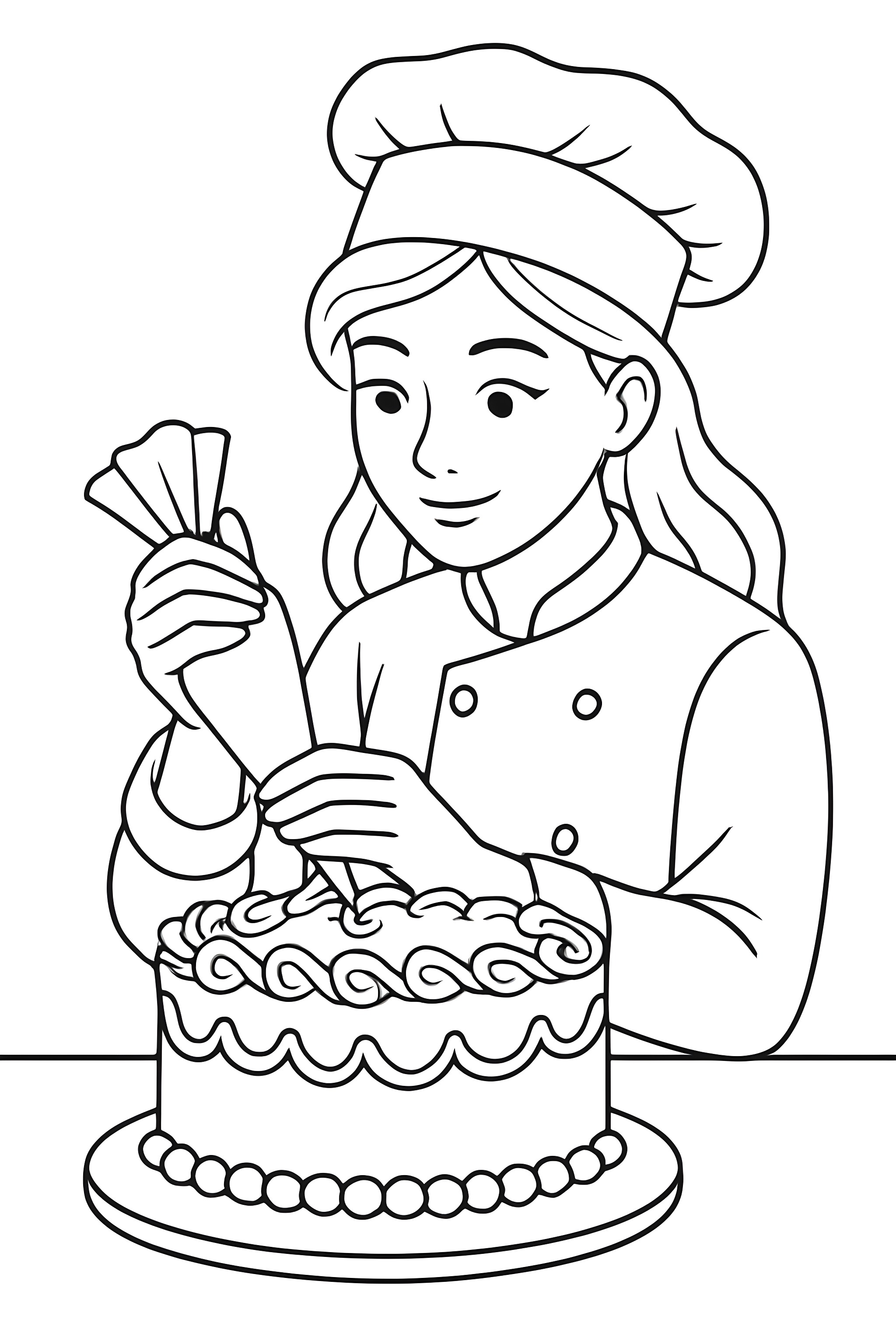 Coloring page of a baker decorating a round cake with swirl icing and decorative beads