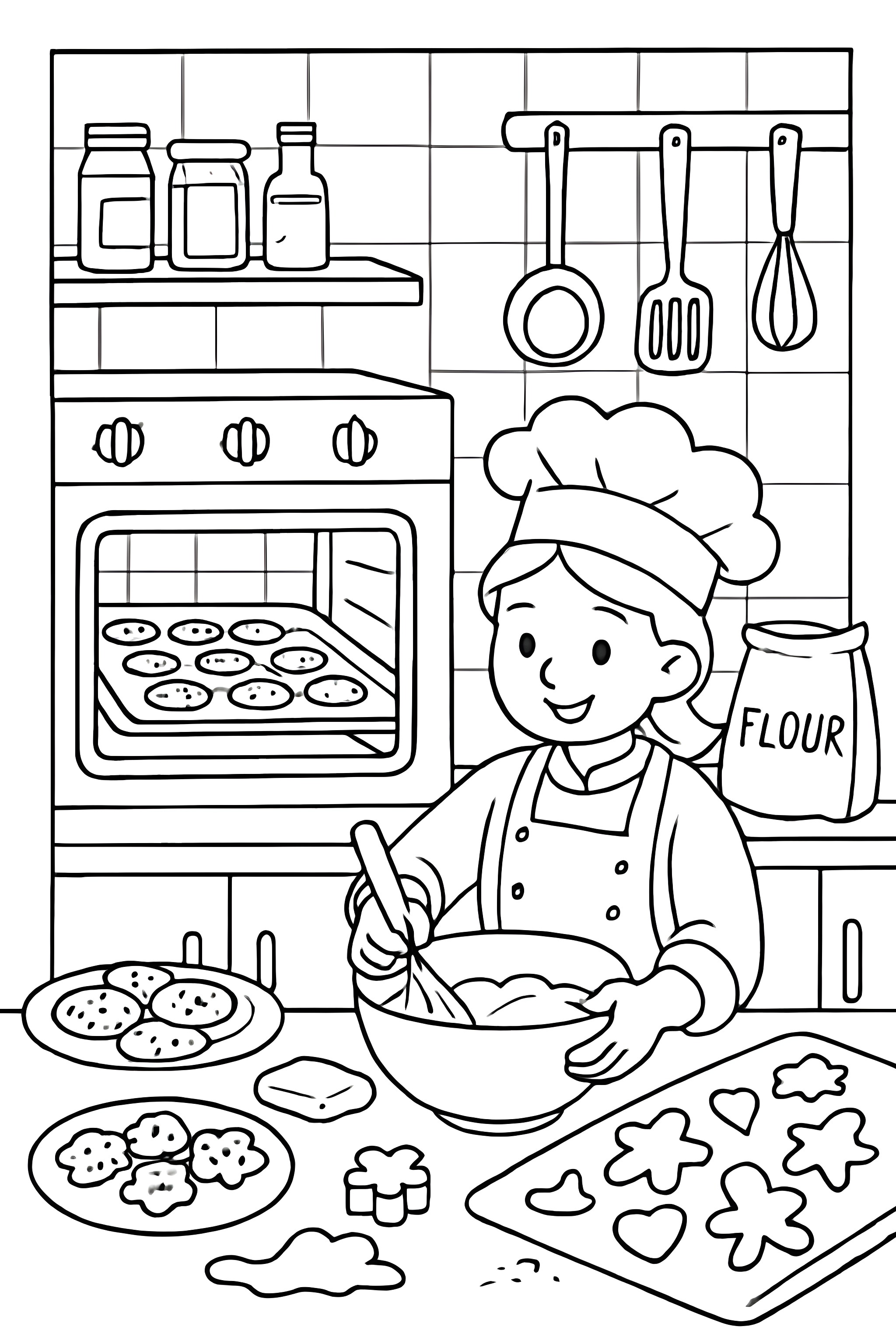 Coloring page of a busy bakery kitchen with a baker mixing dough, cookies in the oven, and various baking tools and ingredients visible