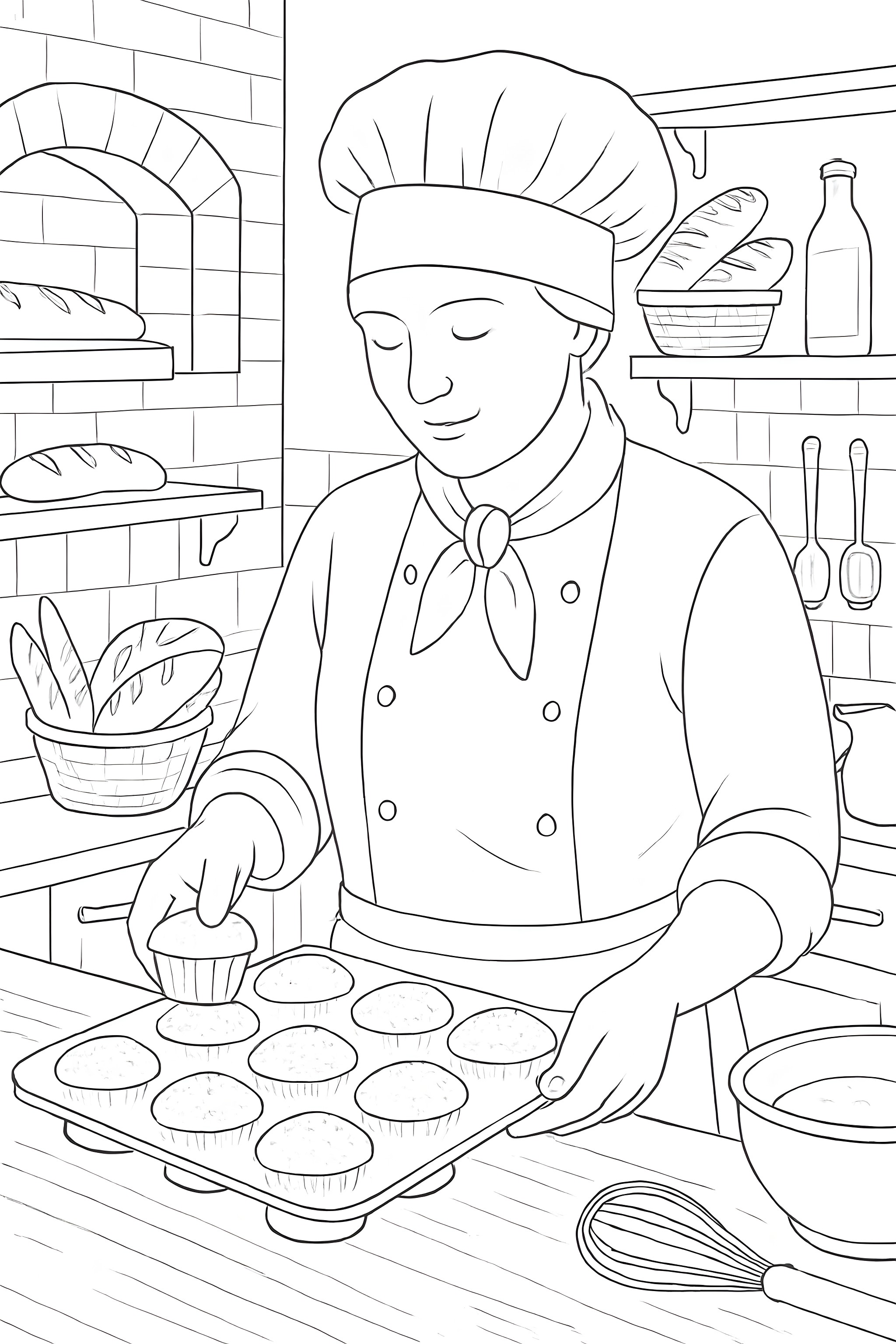 Coloring page featuring a baker in a kitchen, arranging muffins on a tray with various baking tools and bread in the background.