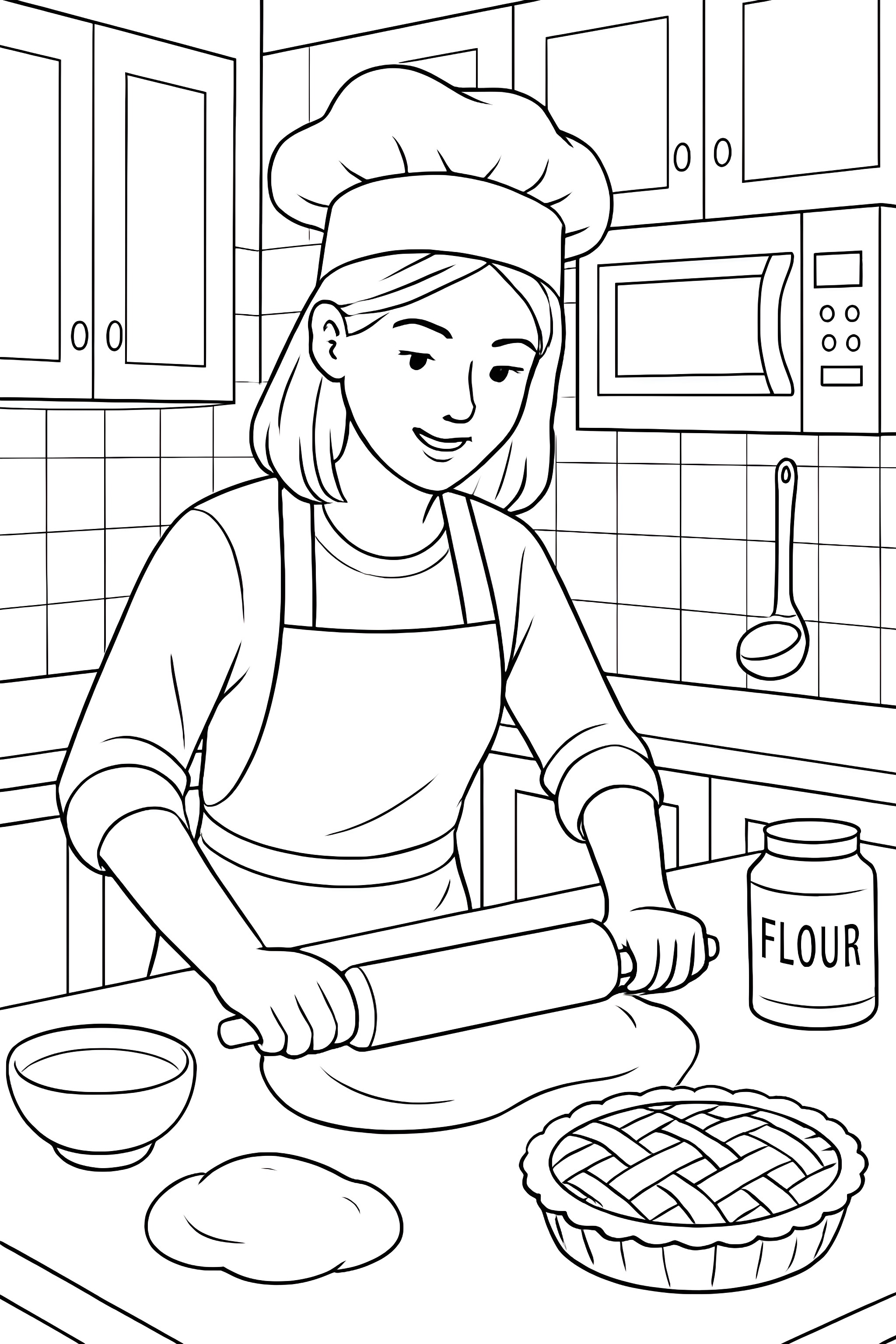 Coloring page of a baker in a kitchen rolling out pie dough with various baking ingredients visible.