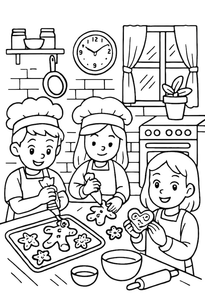 Coloring page of three bakers decorating gingerbread cookies in a cozy kitchen with a clock, shelves, and decorative plants