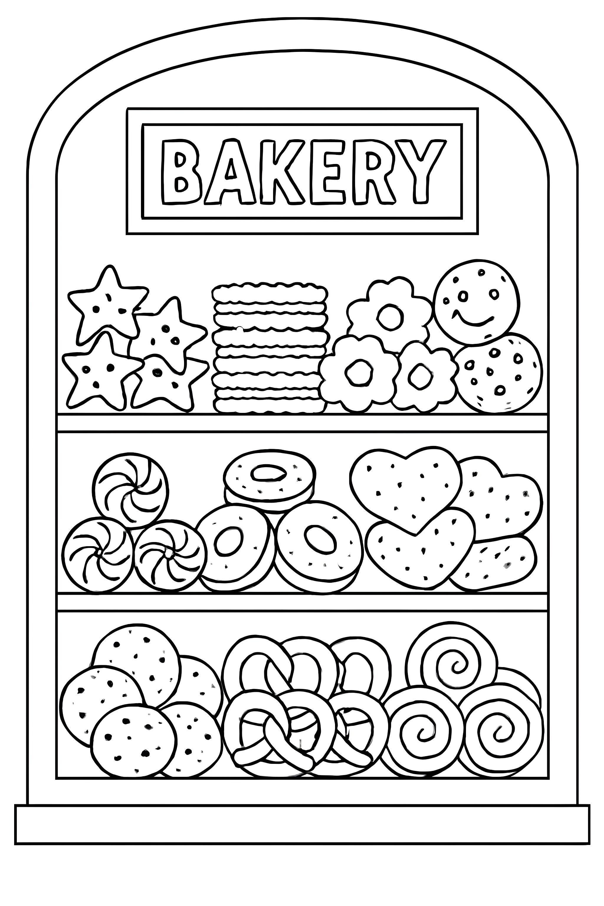 Coloring page featuring a bakery window display filled with a variety of cookies, including stars, hearts, and donuts.