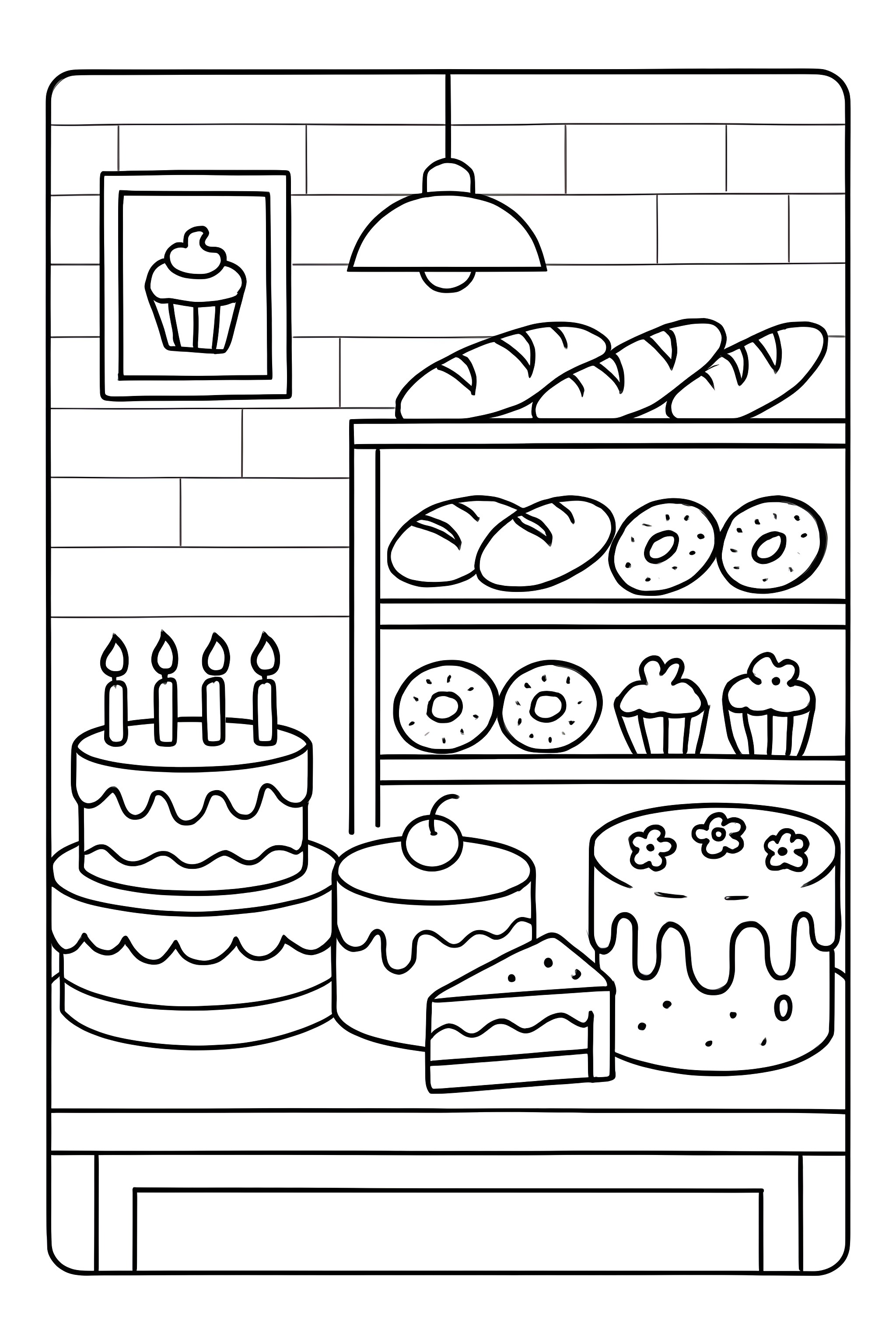 Coloring page featuring a bakery counter displaying multiple cakes and pastries, including donuts, bread, and cupcakes, with a cupcake illustration on the wall