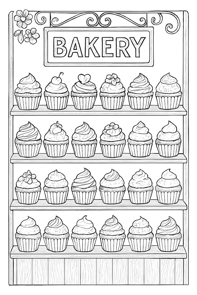 Coloring page featuring a bakery shelf filled with various detailed cupcakes and a sign reading 'BAKERY'.