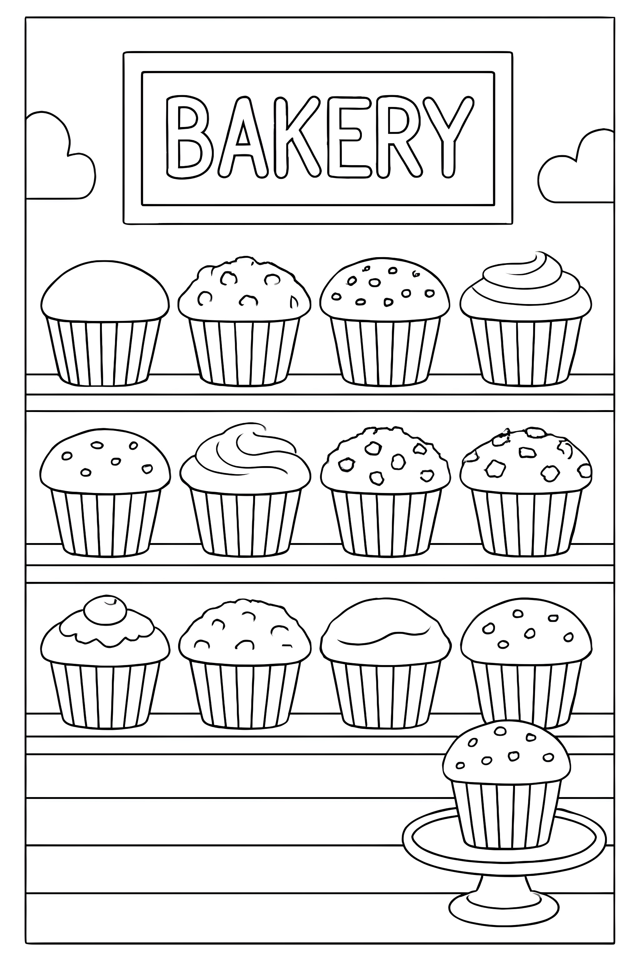 Coloring page featuring a bakery scene with various muffins on display on shelves and a stand with additional muffins.