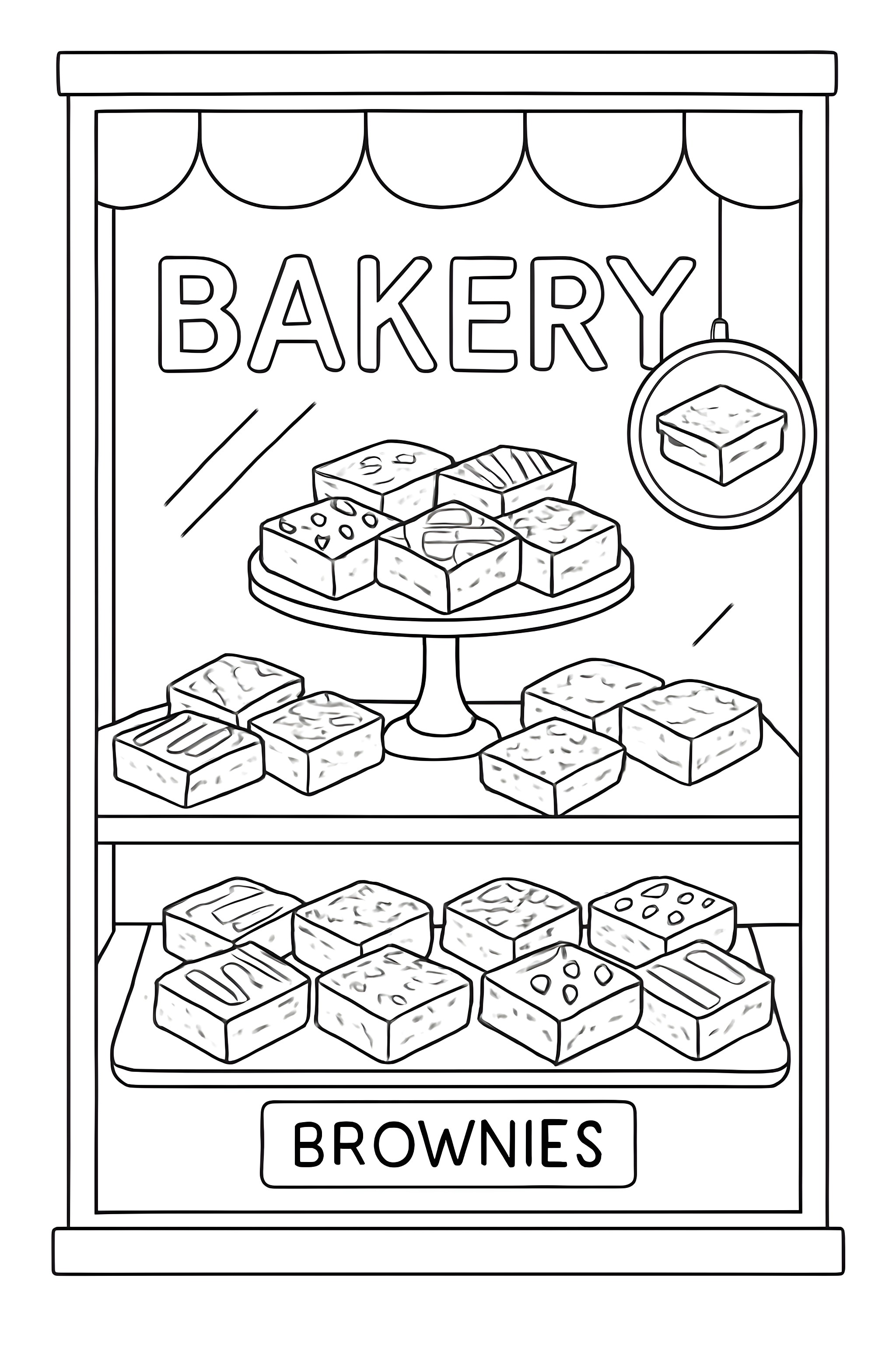 Coloring page featuring a bakery window display with various brownies on stands and a sign labeling the selection.