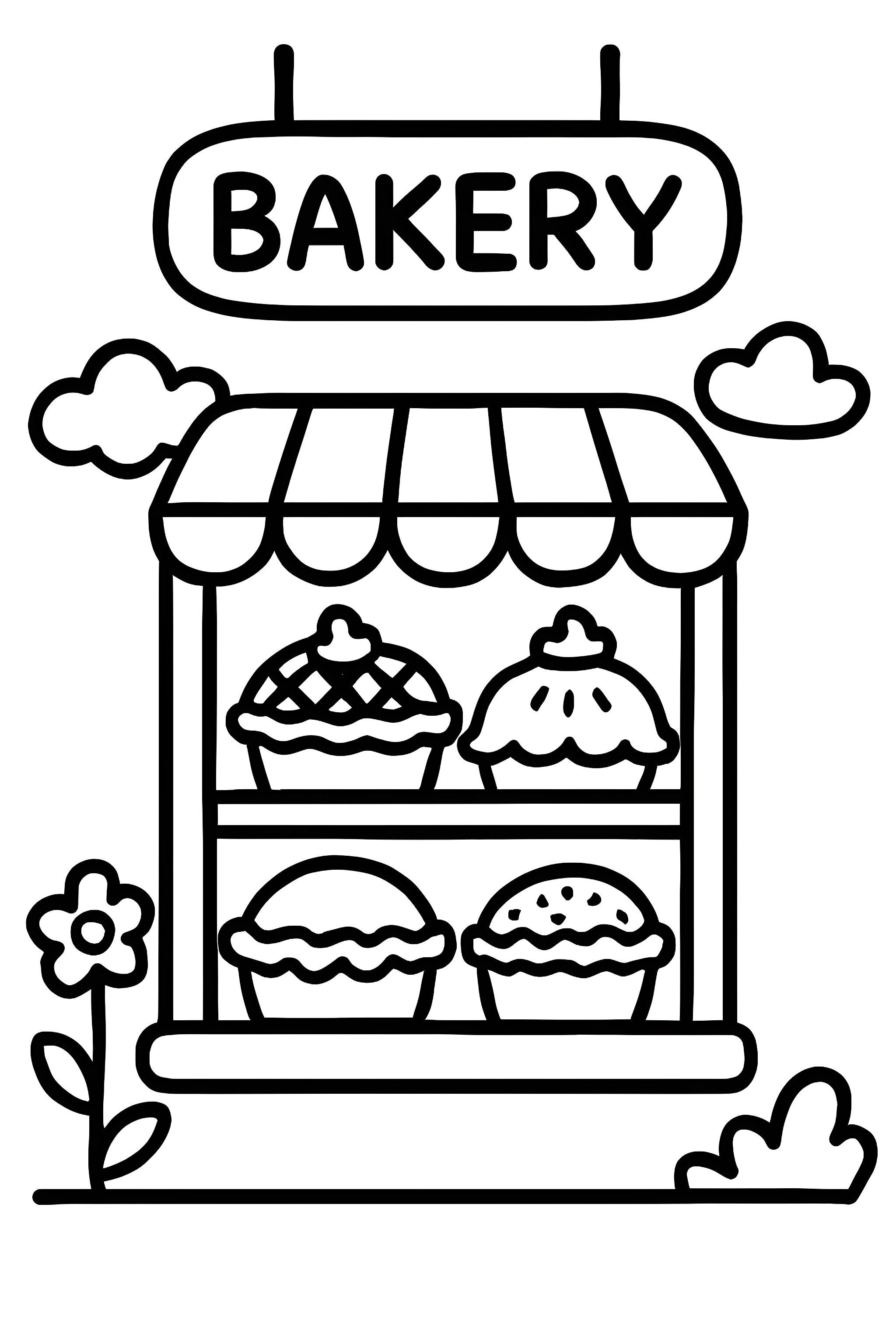 Coloring page depicting a bakery storefront with various pies displayed, including lattice-topped, cream-topped, and dotted pies under a striped awning.