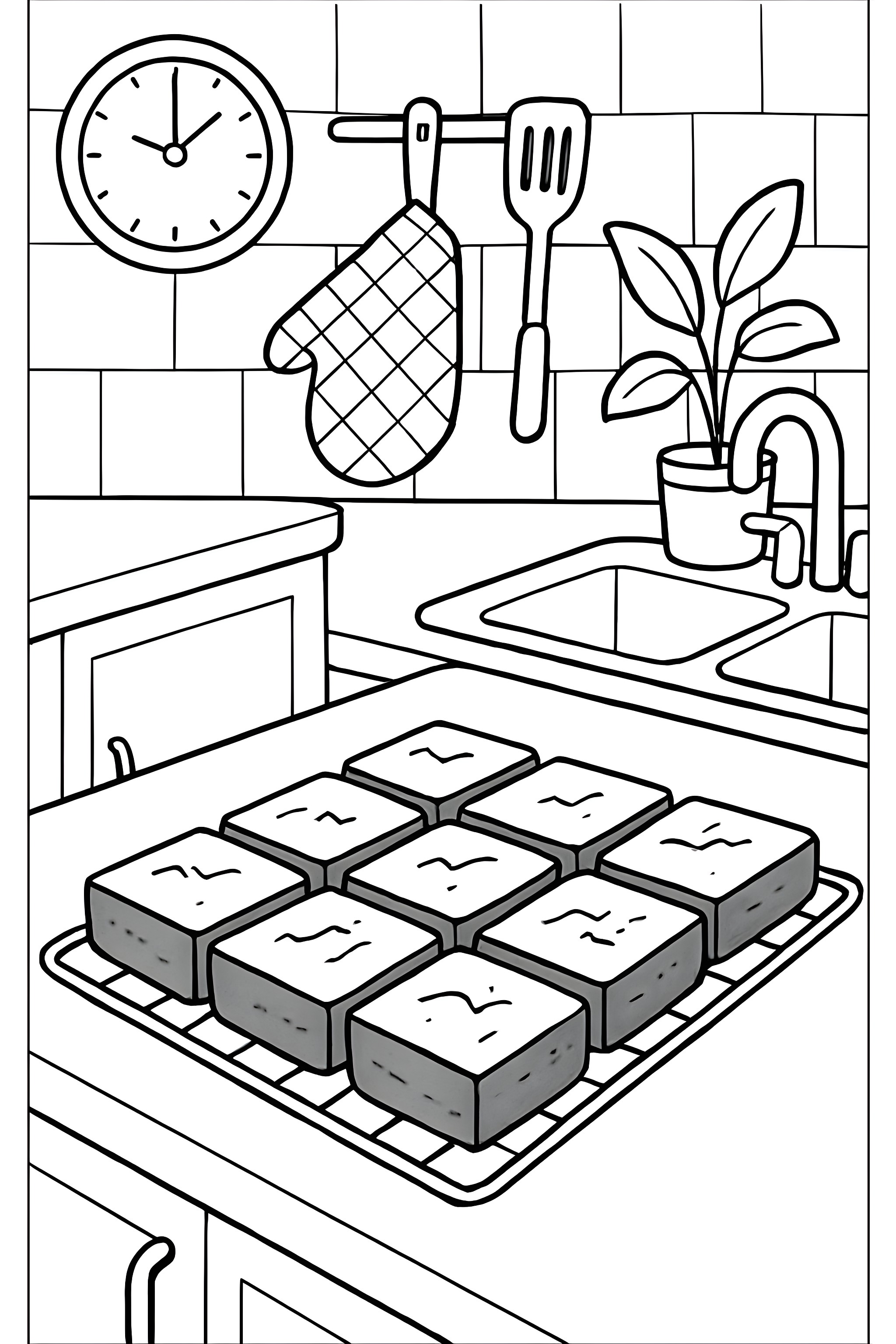 Coloring page of a cozy kitchen with freshly baked brownies cooling on a wire rack, a clock on the wall, and kitchen utensils hanging nearby.