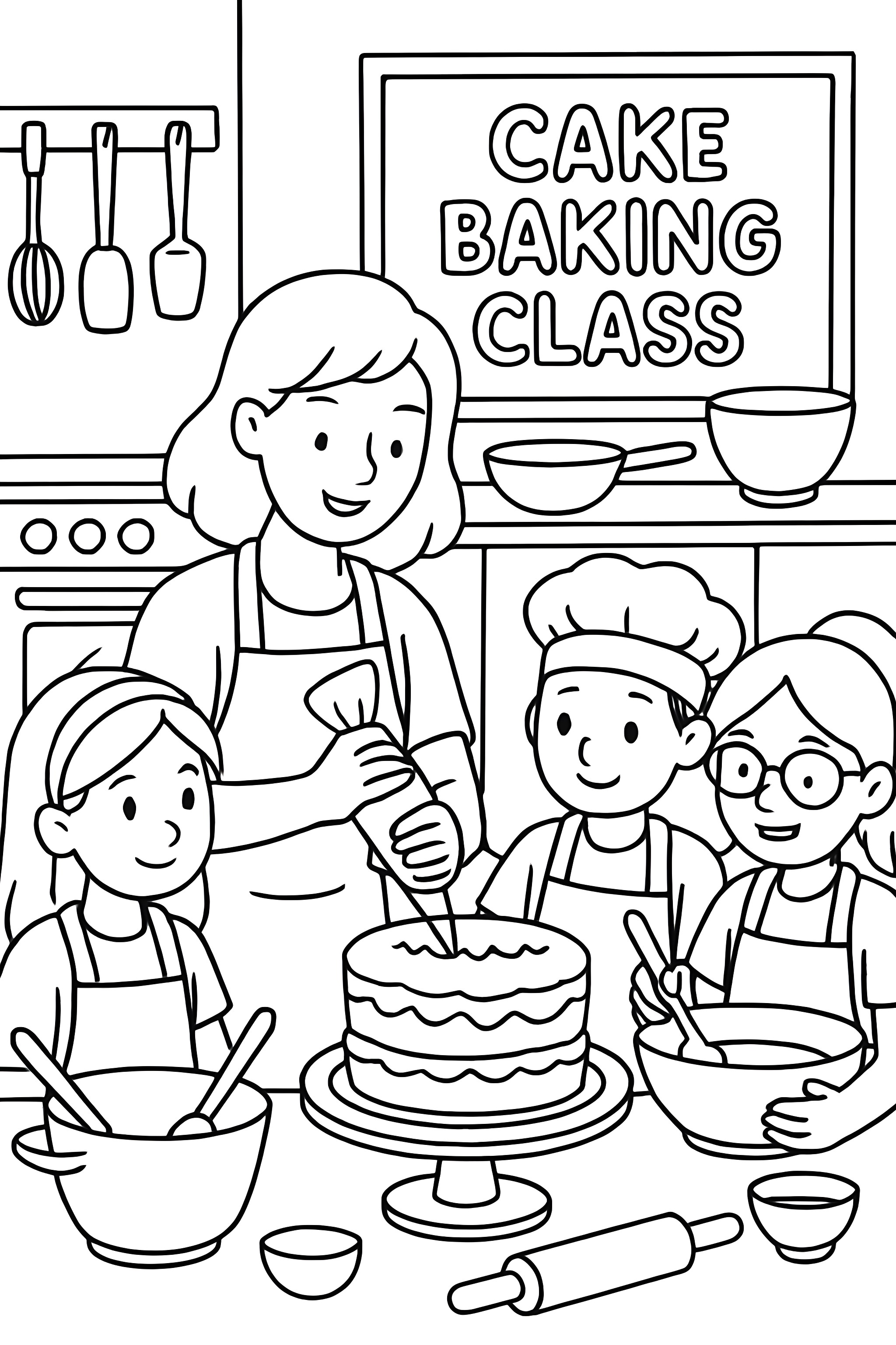 Coloring page depicting a cake baking class with a teacher, students, mixing bowls, and baking equipment in a kitchen setting