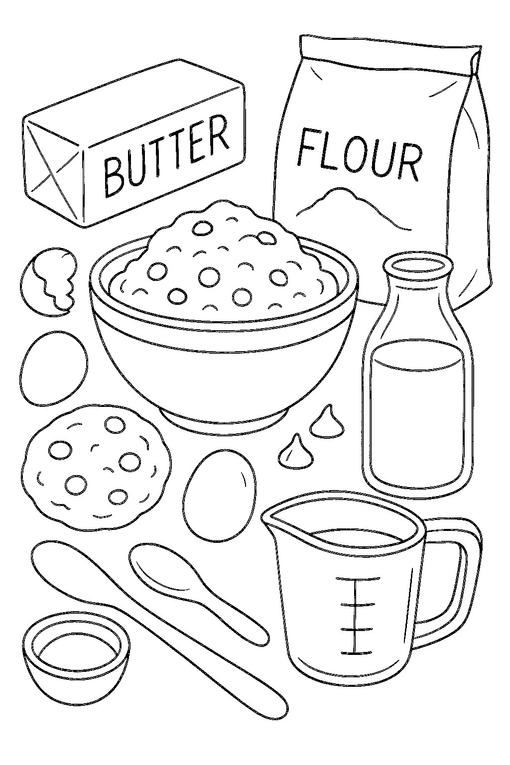Coloring page featuring a bowl of cookie dough, eggs, butter, flour, milk, and baking tools